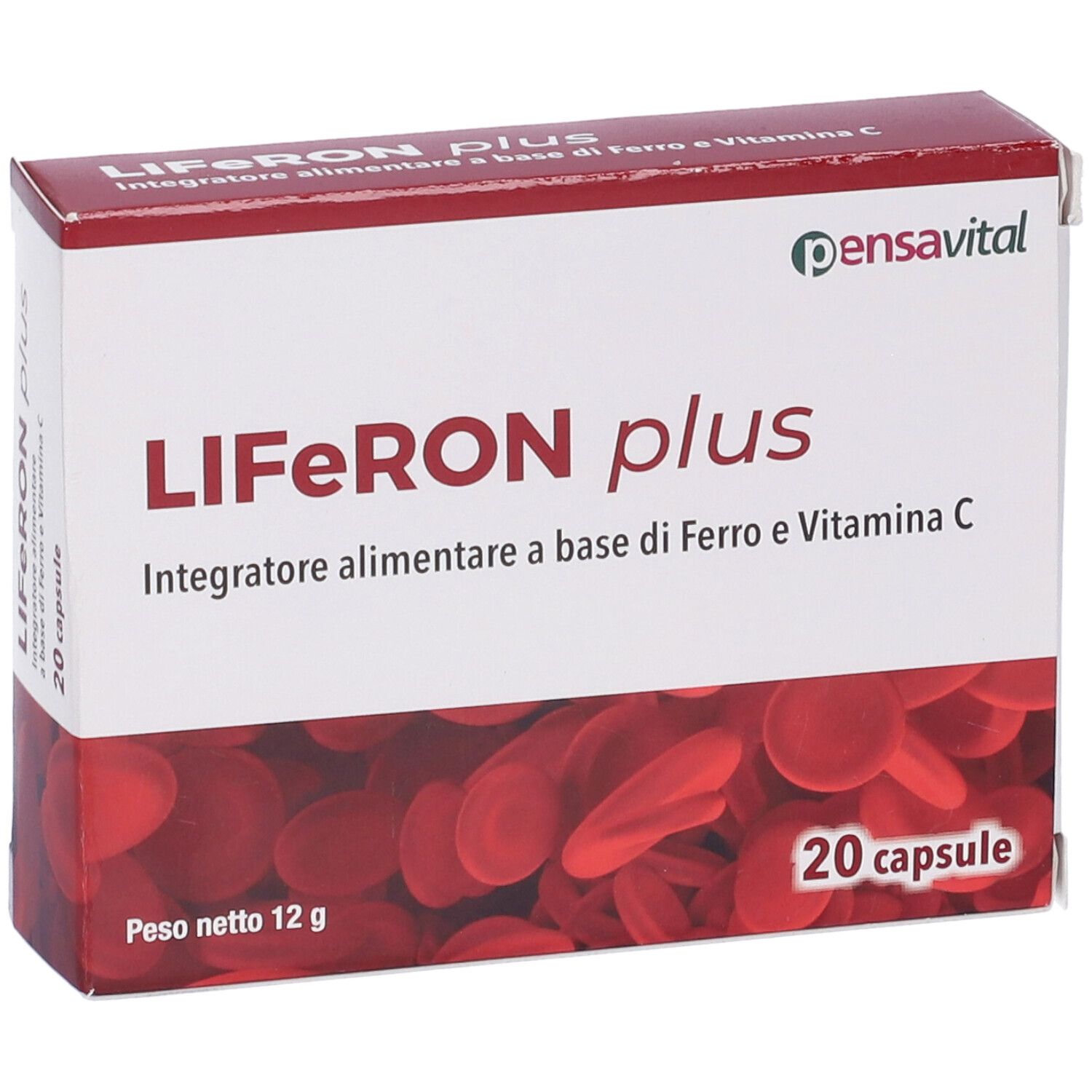 Scatola di Liferon Plus, 20 capsule. Scritto: Integratore alimentare a base di Ferro e Vitamina C. Marchio: Pensavital.