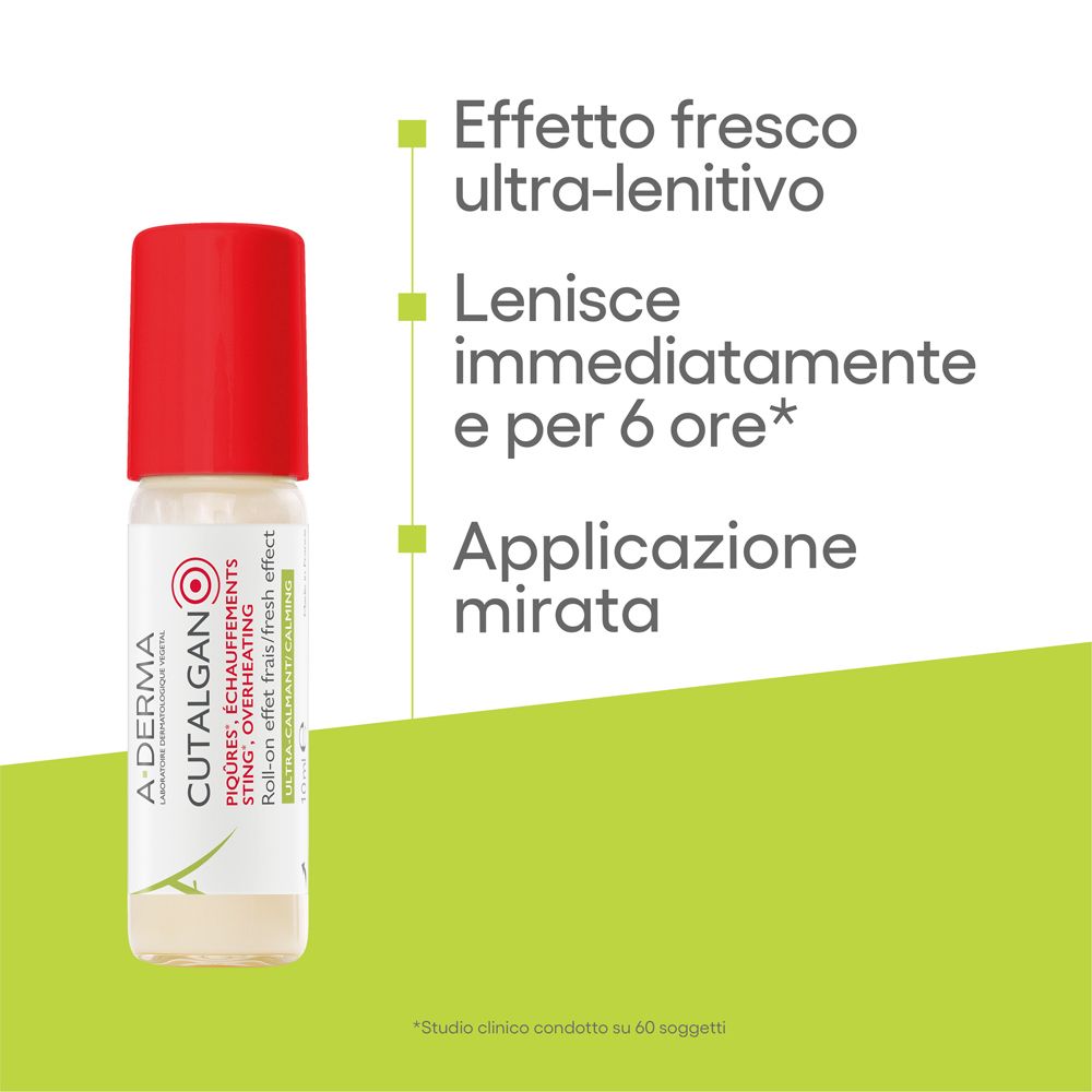 A-Derma Cutalgan roll-on. Testo: Effetto fresco ultra-lenitivo, lenisce immediatamente e per 6 ore.