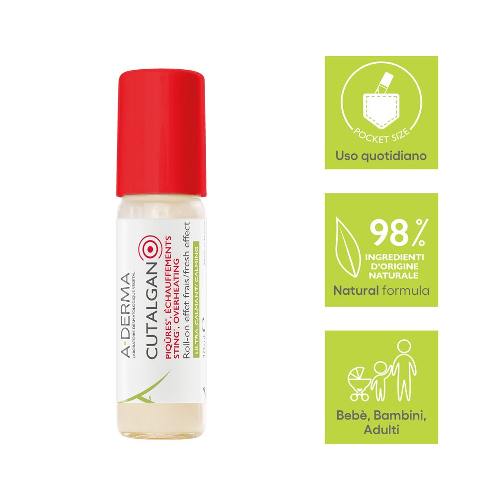 Roll-on A-Derma Cutalgan. Testo: Formato tascabile, uso quotidiano, 98% ingredienti naturali. Bebè, bambini, adulti.