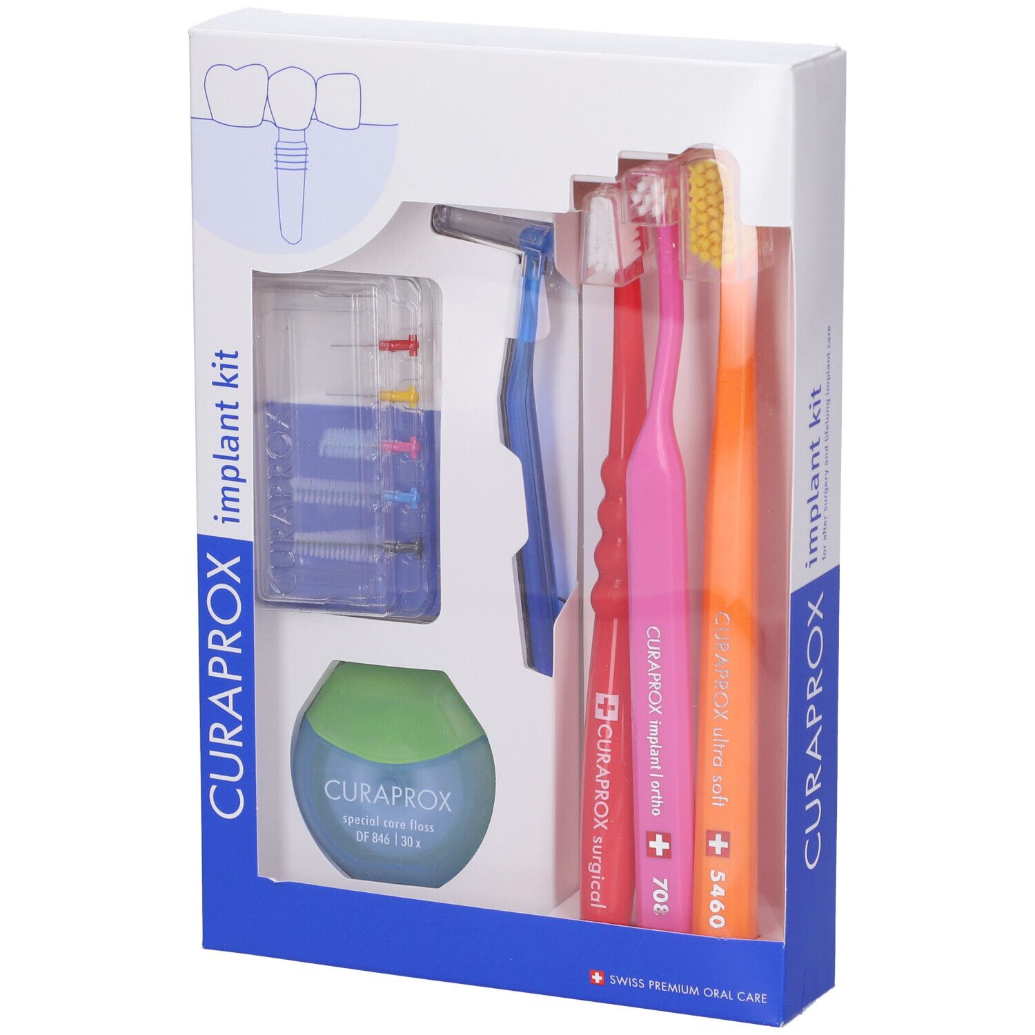 Set per l'igiene orale in confezione. Contiene spazzolini, scovolini e filo interdentale. Visibile: CURAPROX, Implant Kit.