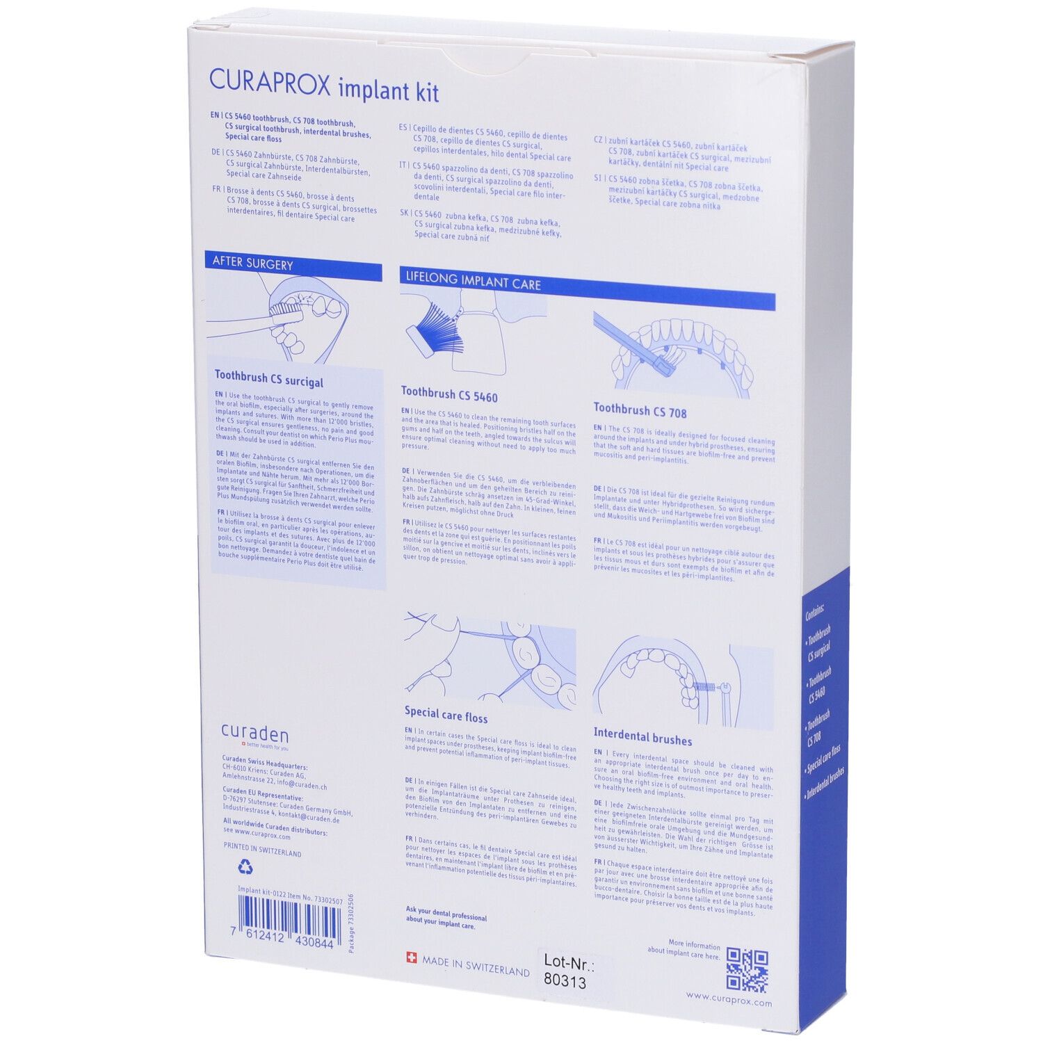 Retro della confezione del set per l'igiene orale. Testo e illustrazioni. Visibile: CURAPROX, Implant Kit.