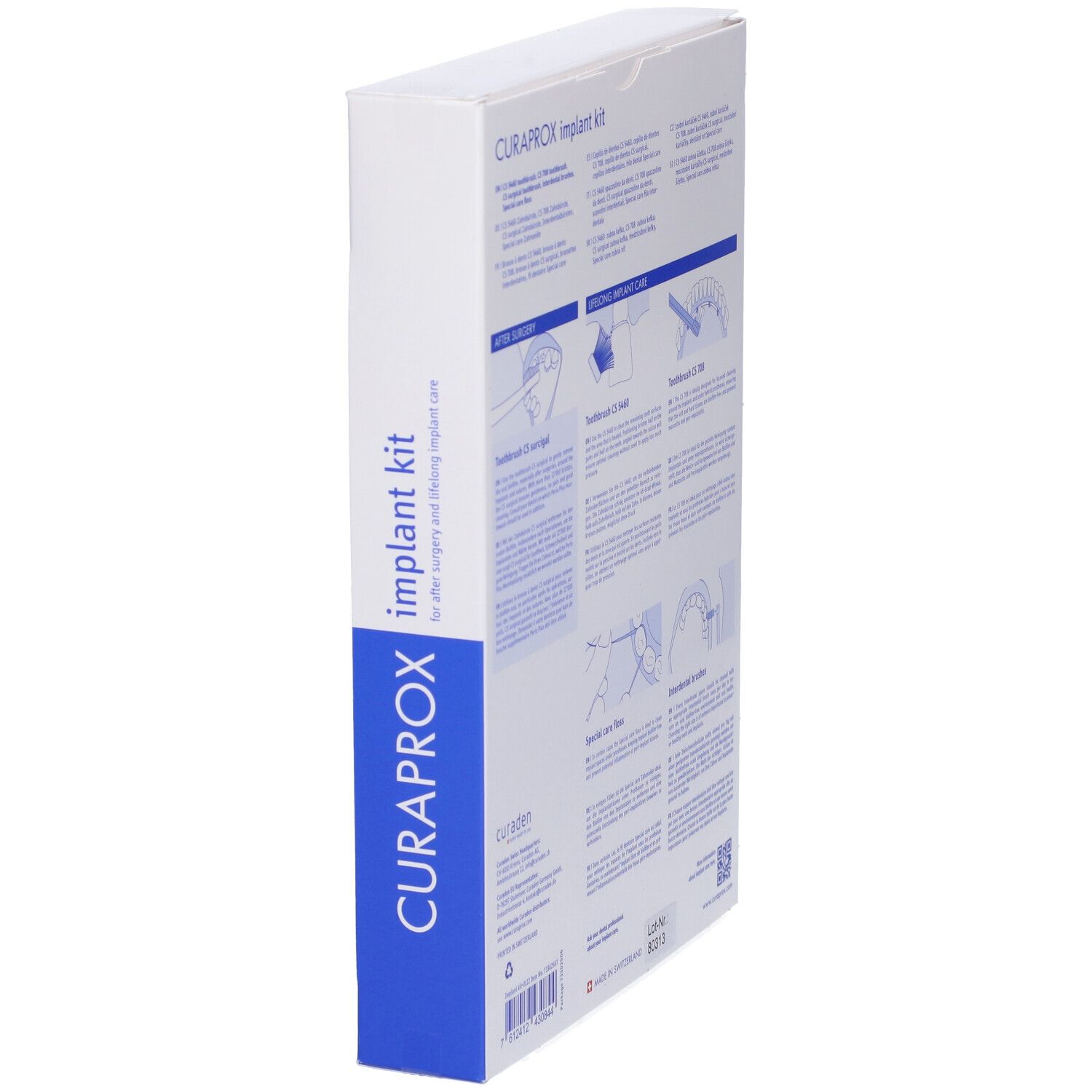 Vista laterale della confezione del set per l'igiene orale. Testo e illustrazioni. Visibile: CURAPROX, Implant Kit.
