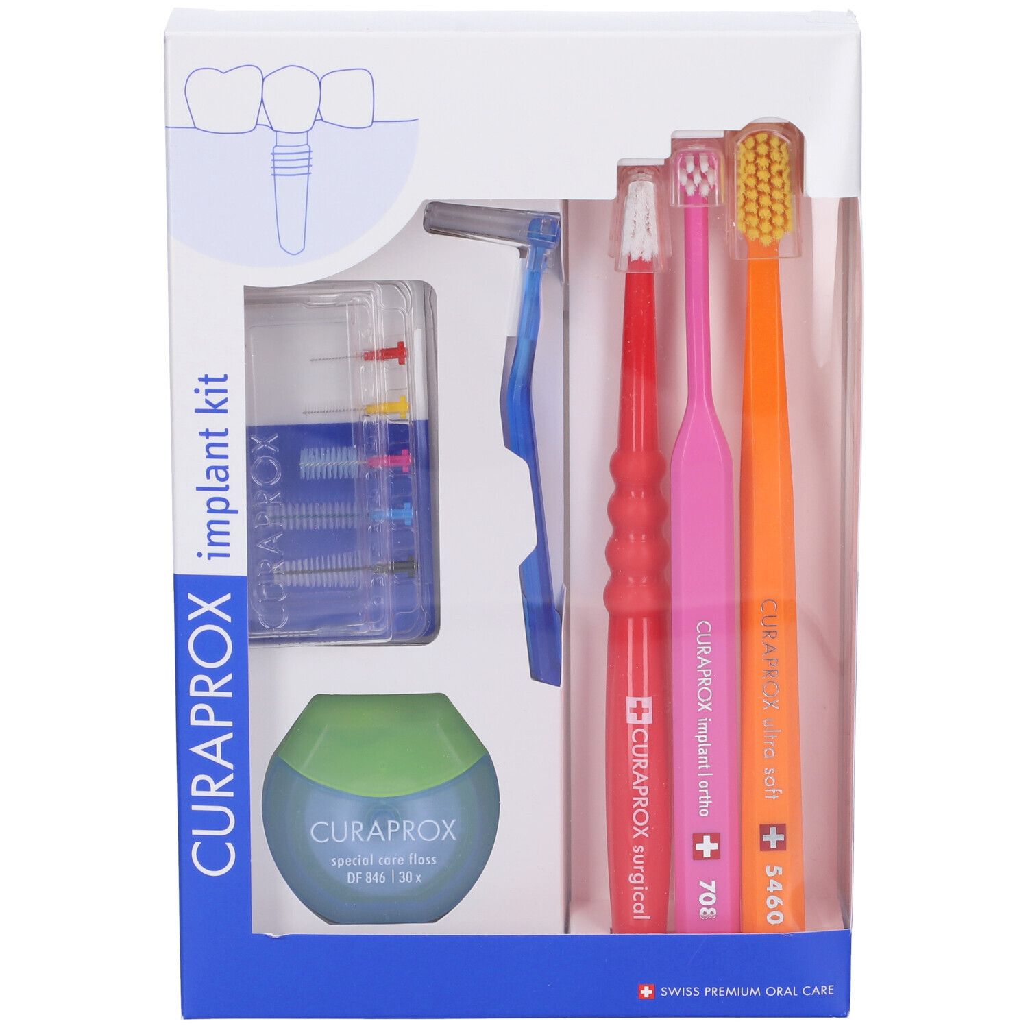 Set per l'igiene orale in confezione. Contiene spazzolini, scovolini e filo interdentale. Visibile: CURAPROX, Implant Kit.