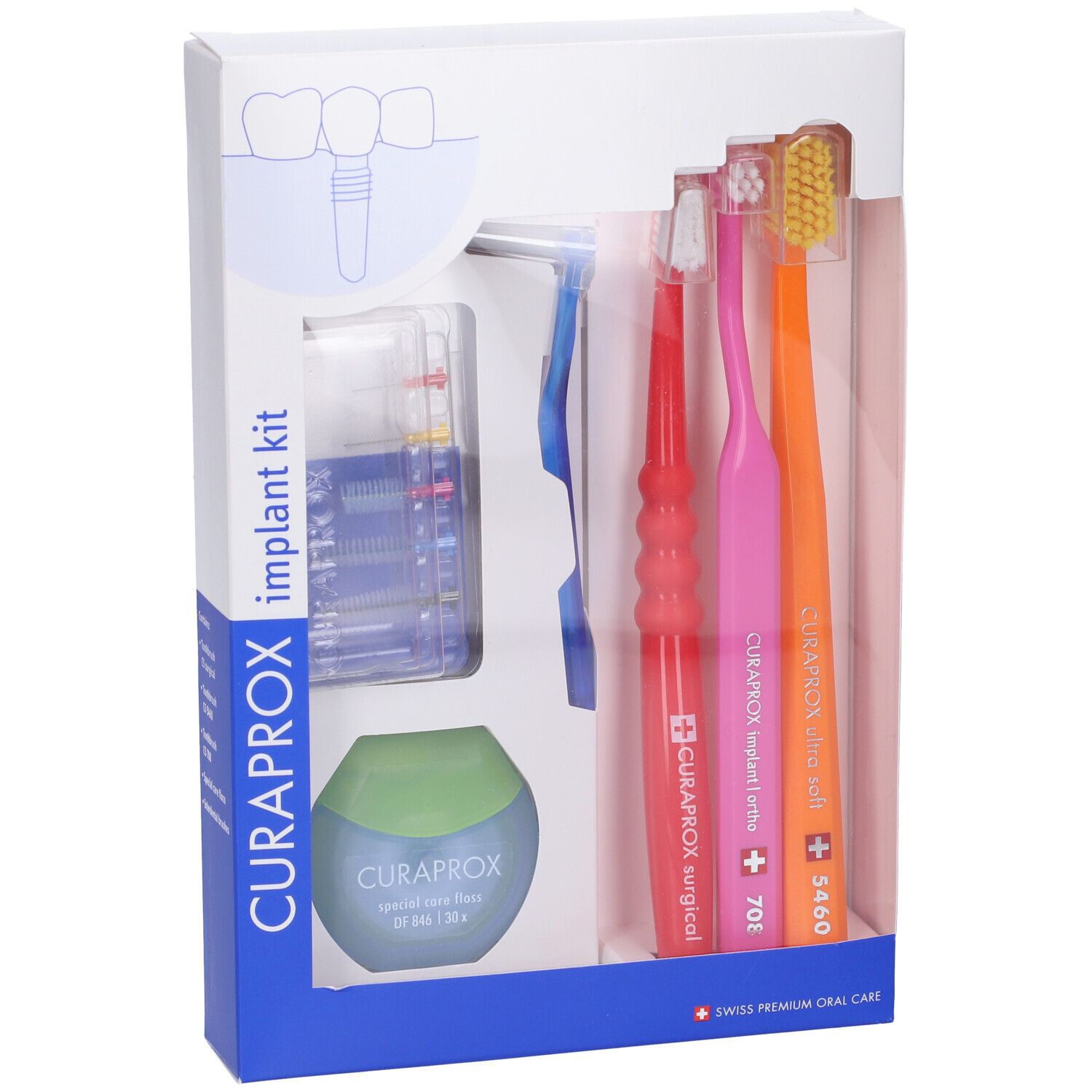 Set per l'igiene orale in confezione. Contiene spazzolini, scovolini e filo interdentale. Visibile: CURAPROX, Implant Kit.