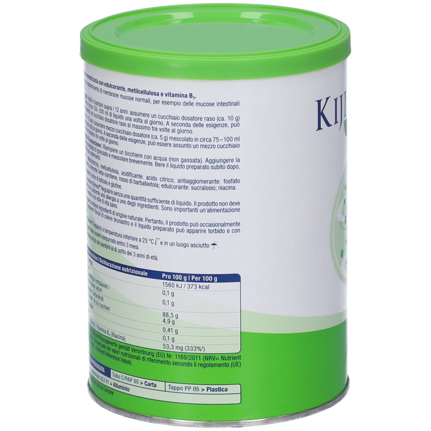 Barattolo con coperchio verde. Retro con testo e informazioni nutrizionali. Testo in italiano.