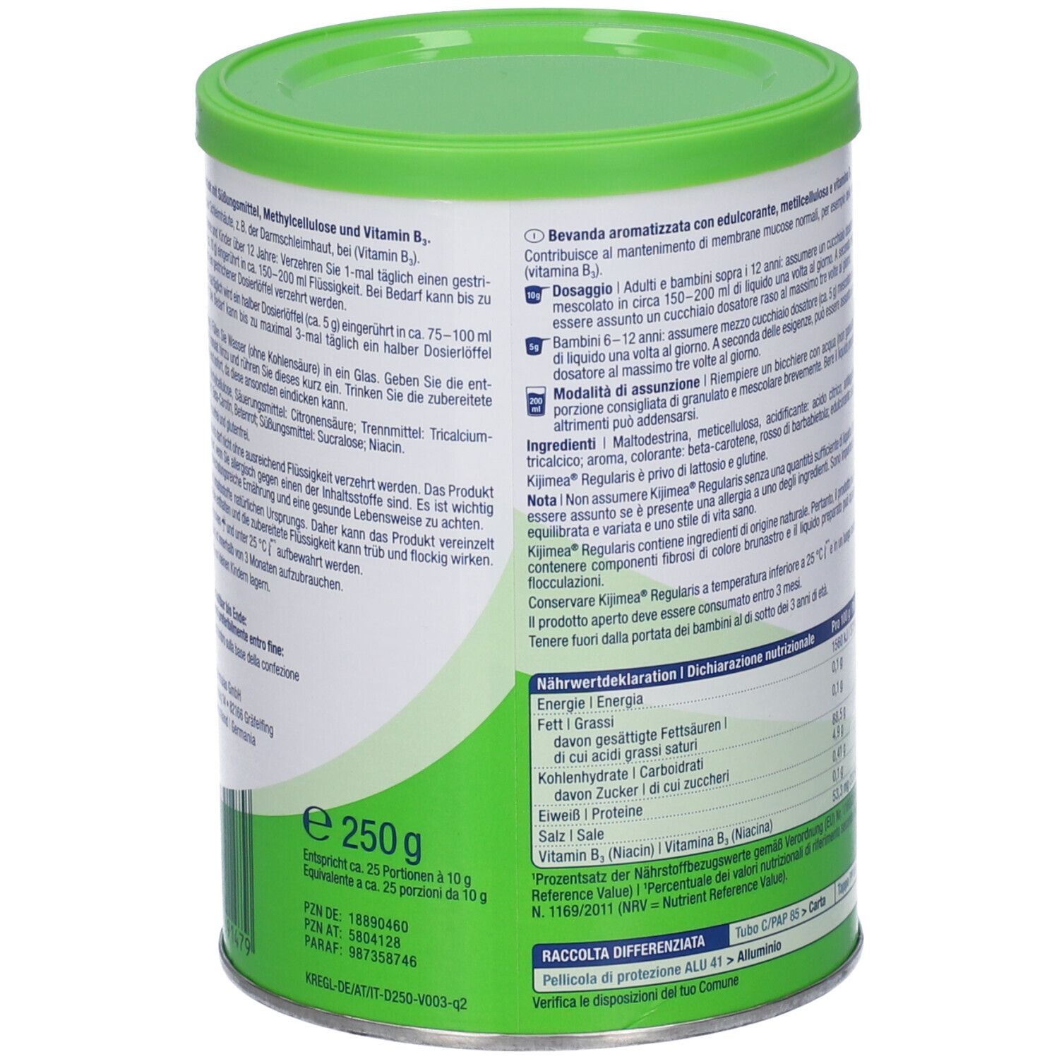 Barattolo con coperchio verde. Retro con testo e informazioni nutrizionali. Testo in italiano.