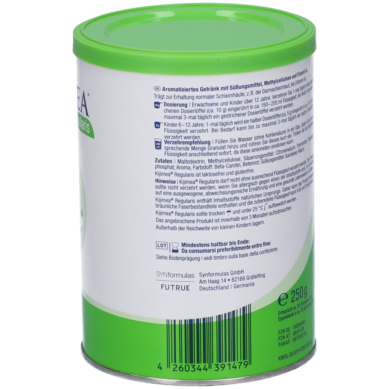 Barattolo cilindrico con coperchio verde. Scritta: Kijimea Regularis. Illustrazione con punti verdi.