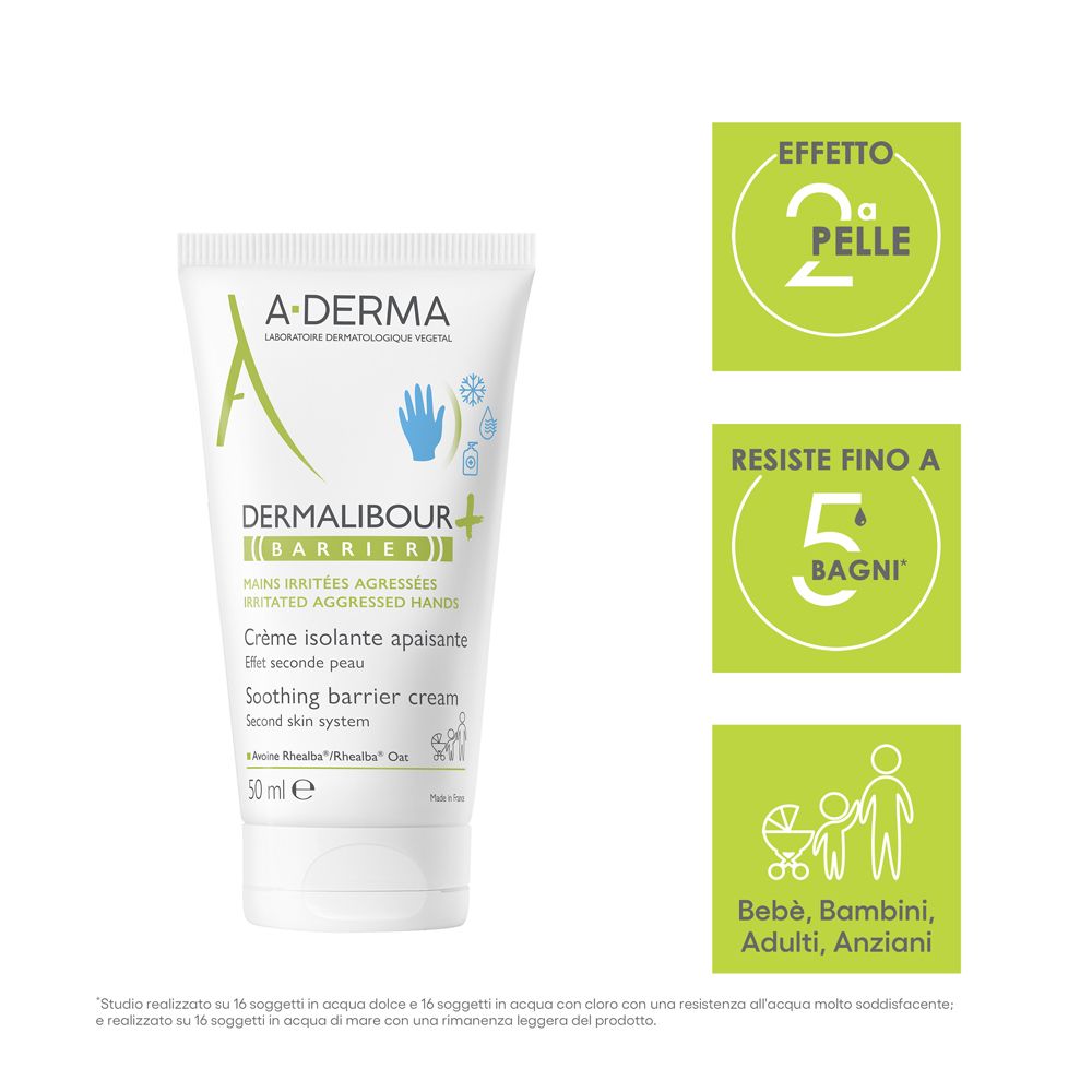 Crema A-Derma Dermalibour Barriera. Tubo bianco, testo verde. 'Effetto 2° pelle'. Resistente a 5 bagni.