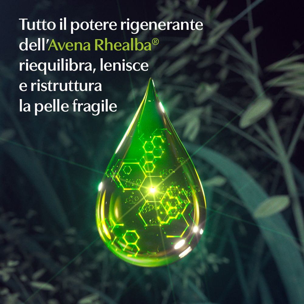 Goccia verde con motivi geometrici verdi. Testo: 'Avena Rhealba®'.