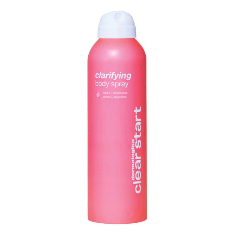 Flacone spray rosa con tappo bianco. Scritta: clarifying body spray, Dermalogica clear start.