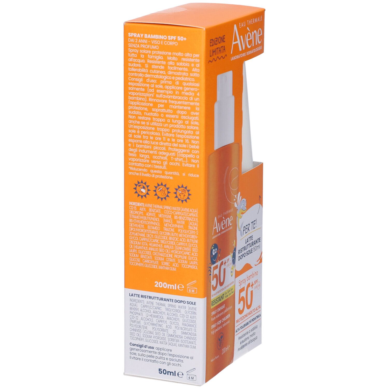 Retro confezione Avene Solare Spray Bambino SPF50+. Testo multilingue. Contiene informazioni sul prodotto.