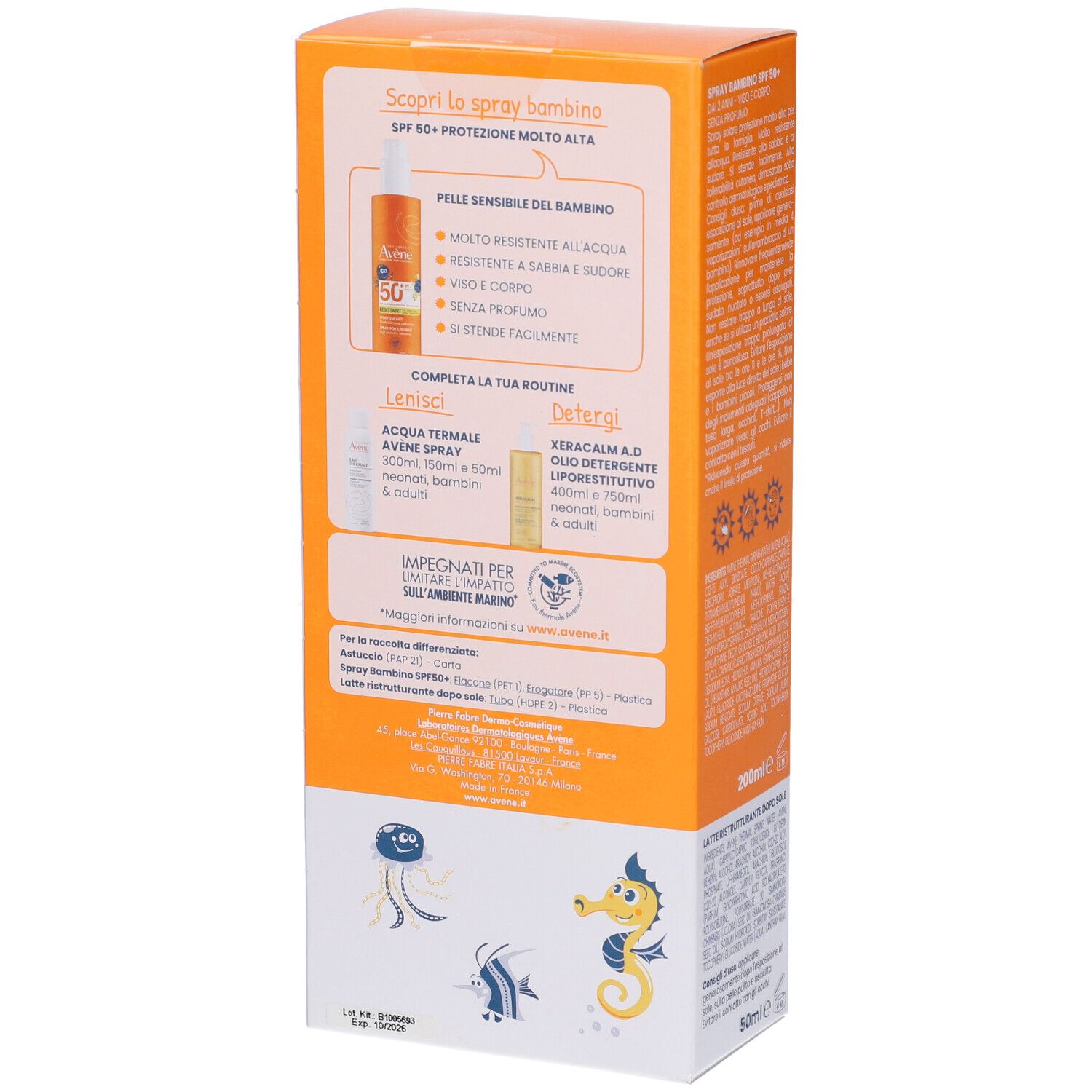 Retro confezione Avene Solare Spray Bambino SPF50+. Informazioni e illustrazioni sul prodotto.