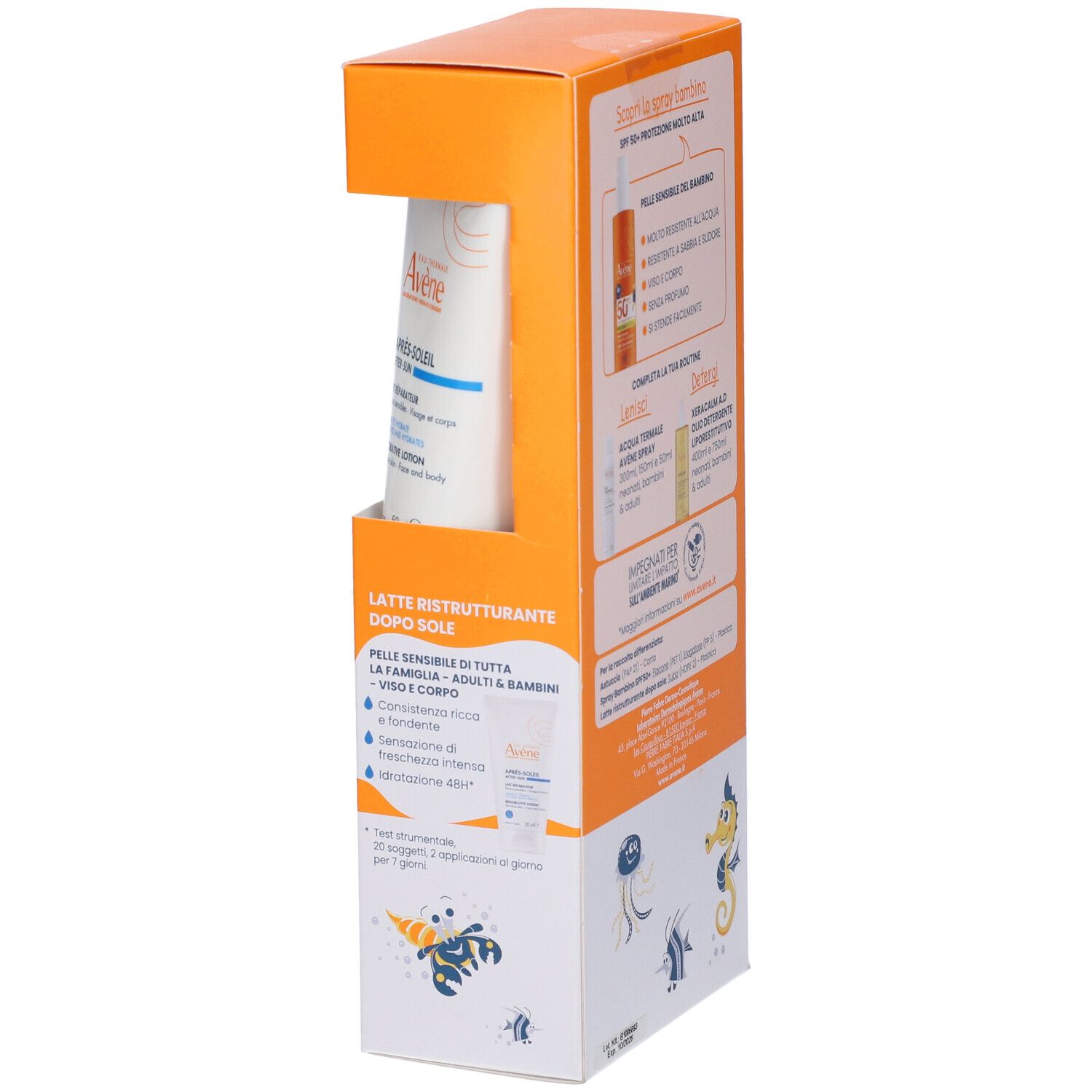 Lato confezione Avene Solare Spray Bambino SPF50+. Informazioni e illustrazioni sul prodotto.