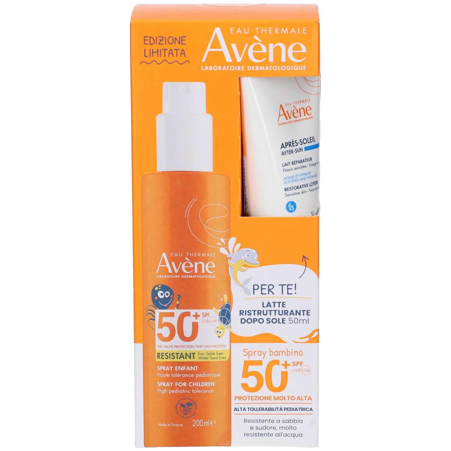 Confezione Avene Solare Spray Bambino SPF50+ e doposole. Spray arancione, tubo bianco. Contiene 200ml spray e 50ml lozione.