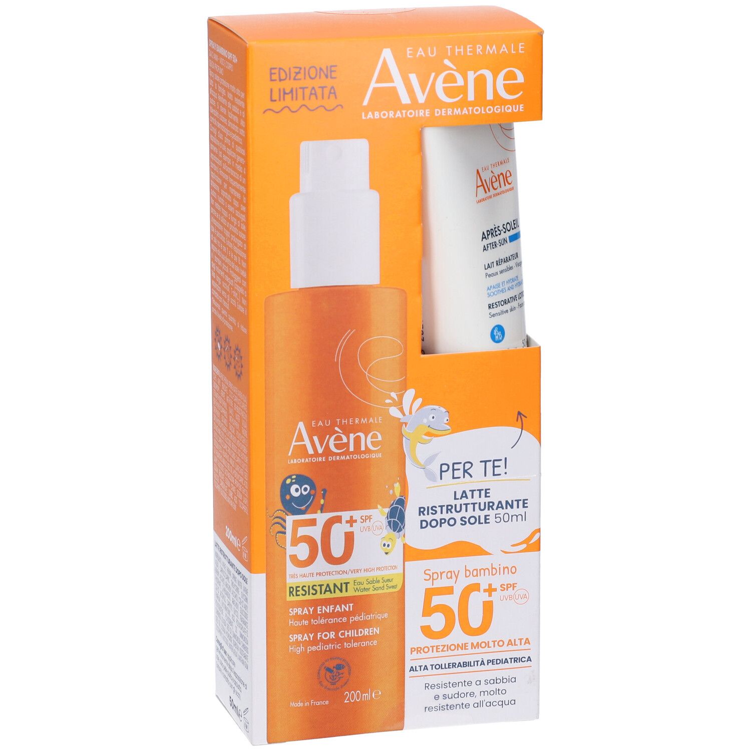 Confezione Avene Solare Spray Bambino SPF50+ e doposole. Spray arancione, tubo bianco. Contiene 200ml spray e 50ml lozione.