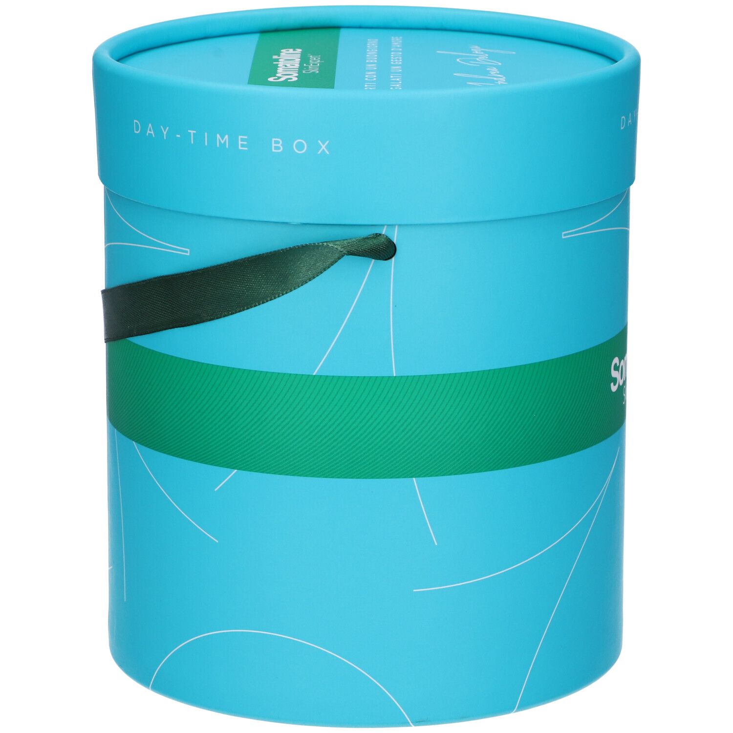 Scatola cilindrica turchese con fascia verde e manico. Scritta: Somatoline SkinExpert. Coperchio con scritta: DAY-TIME BOX.