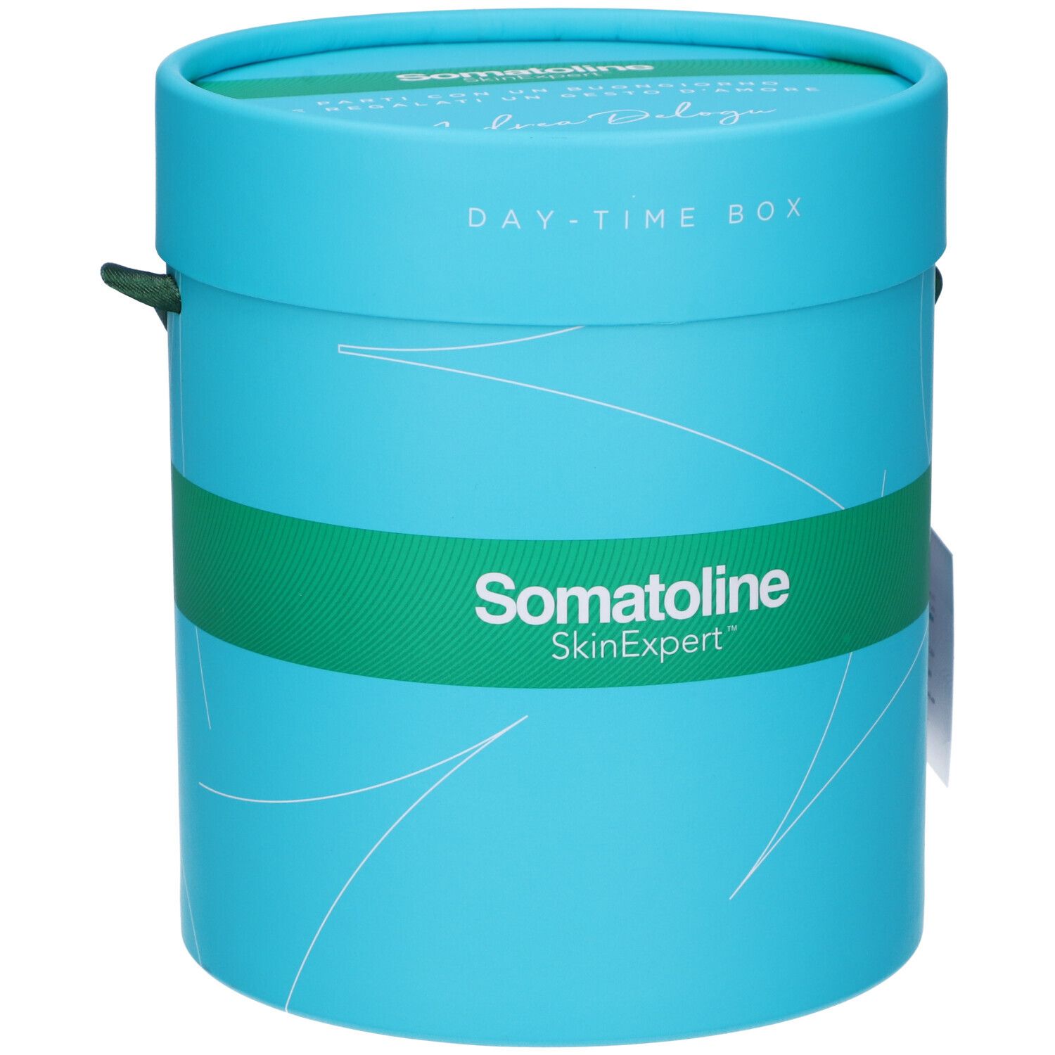 Scatola cilindrica turchese con fascia verde. Scritta: Somatoline SkinExpert. Coperchio con scritta: DAY-TIME BOX.