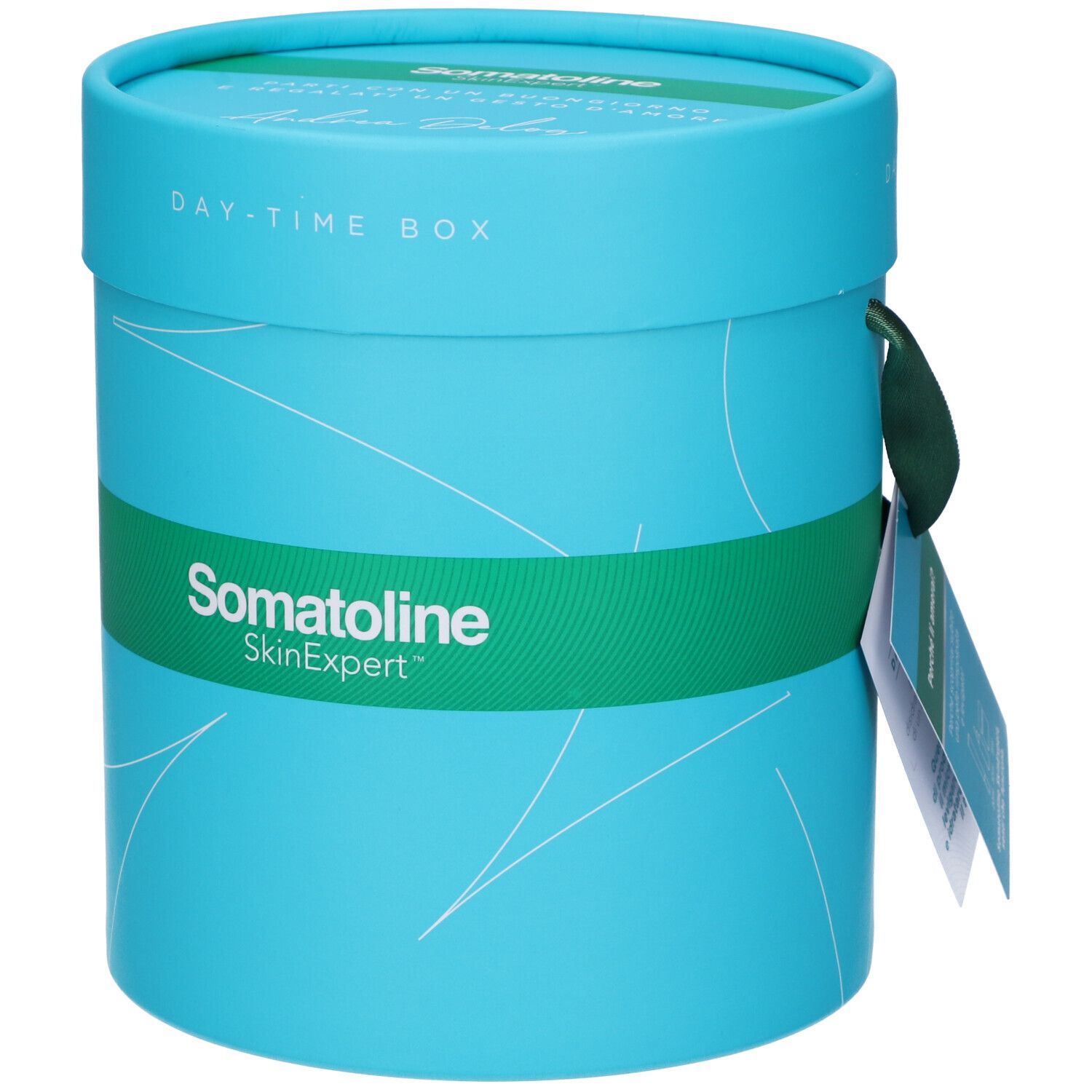 Scatola cilindrica turchese con fascia verde ed etichetta. Scritta: Somatoline SkinExpert. Coperchio con scritta: DAY-TIME BOX.