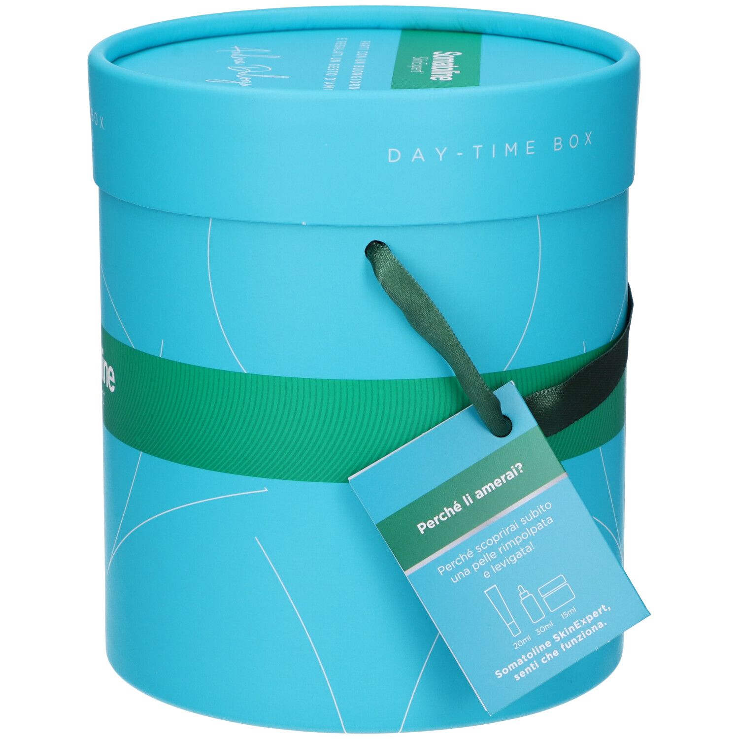 Scatola cilindrica turchese con fascia verde ed etichetta. Scritta: Somatoline SkinExpert. Coperchio con scritta: DAY-TIME BOX.