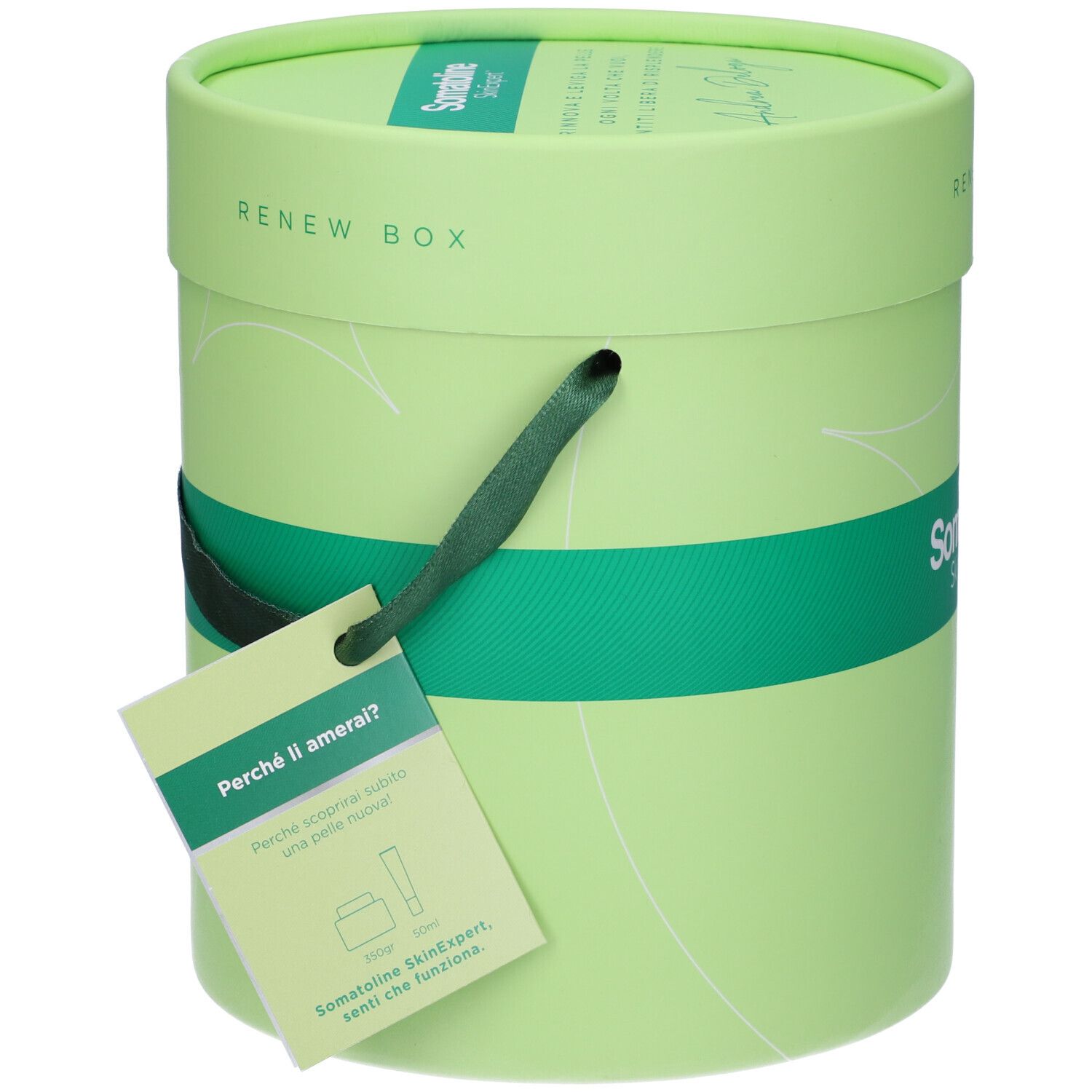 Confezione regalo rotonda verde con etichetta. Scritta: Renew Box. Etichetta con testo e immagine prodotto.