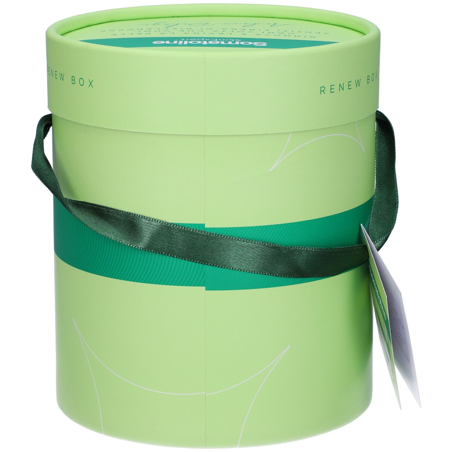 Confezione regalo rotonda verde con nastro verde. Scritta: Renew Box. Senza manico.