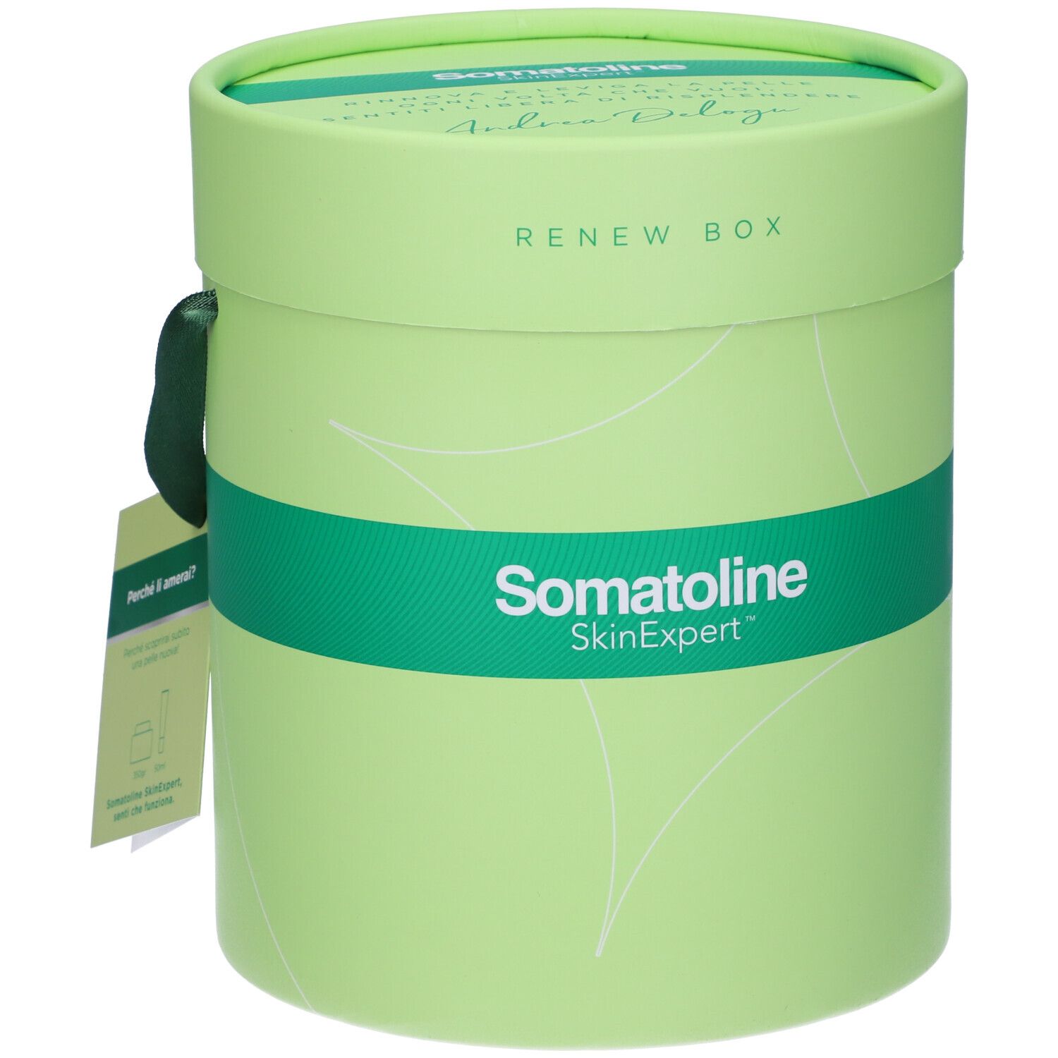 Confezione regalo rotonda verde con scritta: Somatoline SkinExpert, Renew Box. Con nastro verde.