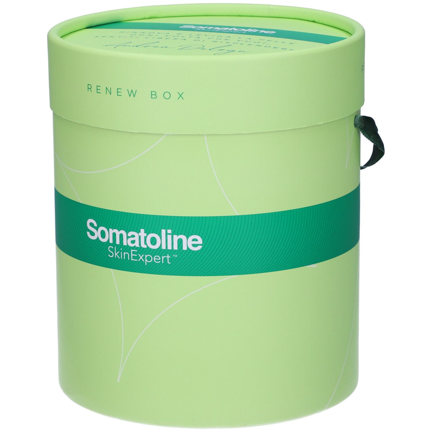 Confezione regalo rotonda verde con scritta: Somatoline SkinExpert, Renew Box. Senza manico.