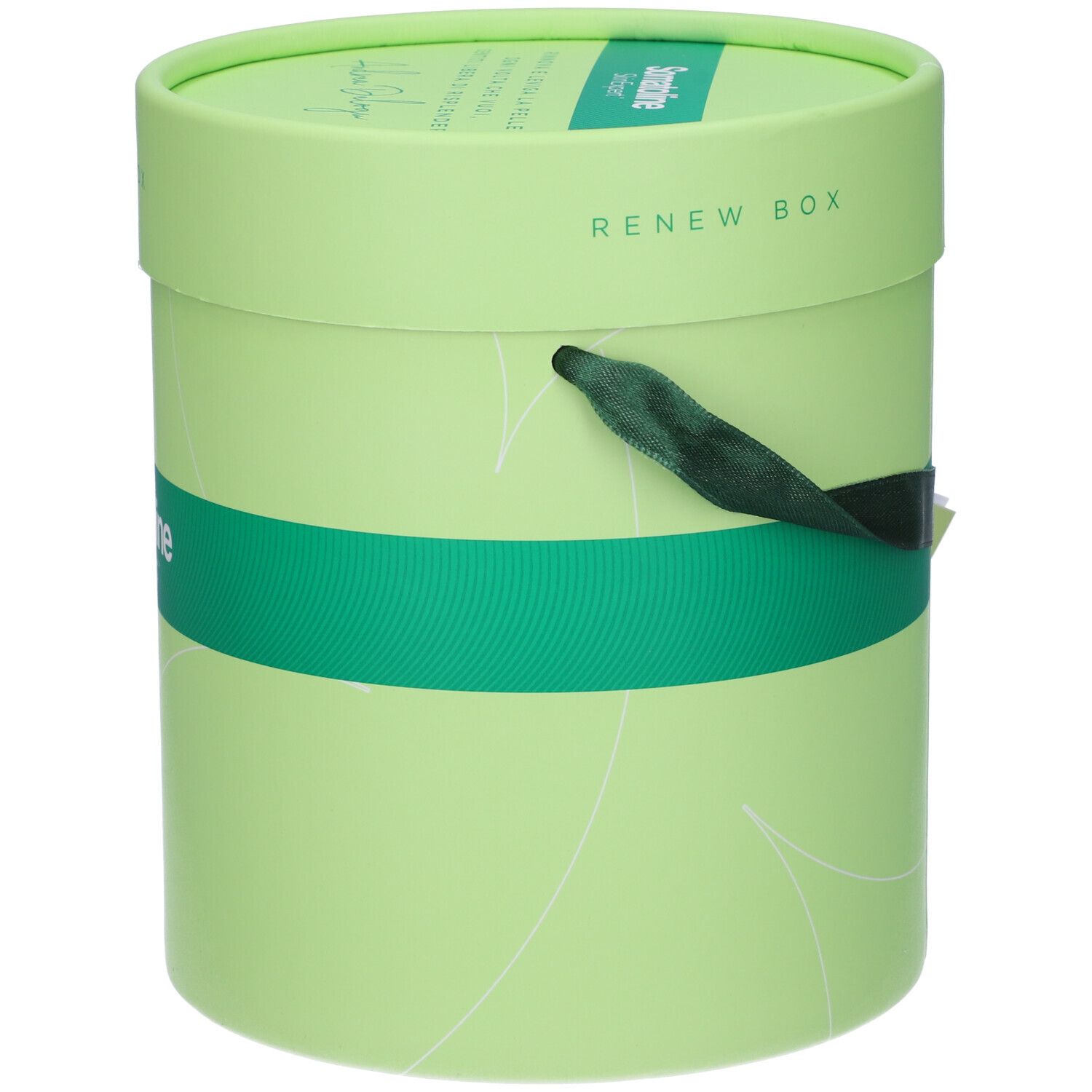 Confezione regalo rotonda verde con nastro verde. Scritta: Renew Box. Senza manico.