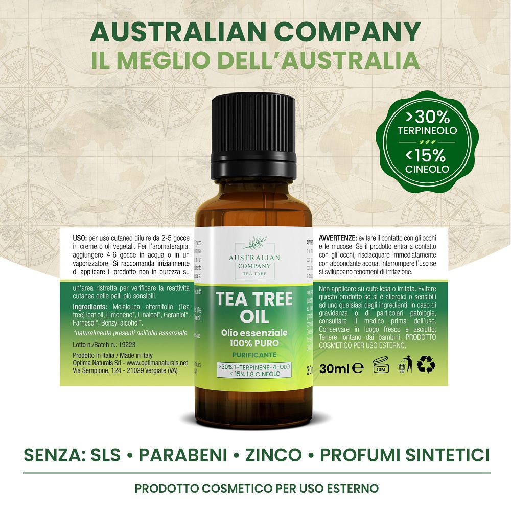 Flacone di olio essenziale di tea tree. Informazioni su ingredienti e uso.