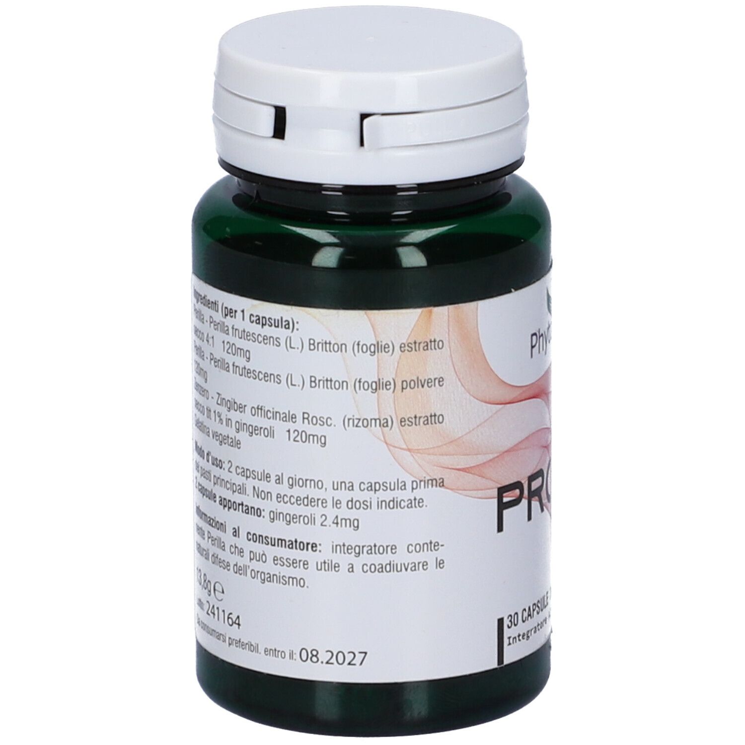 Flacone verde, tappo bianco. Etichetta con ingredienti e dosaggio. "PROKIN" e "30 CAPSULE".