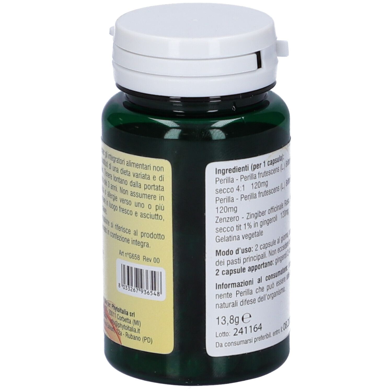 Flacone verde, tappo bianco. Retro con ingredienti e informazioni produttore. Codice a barre.