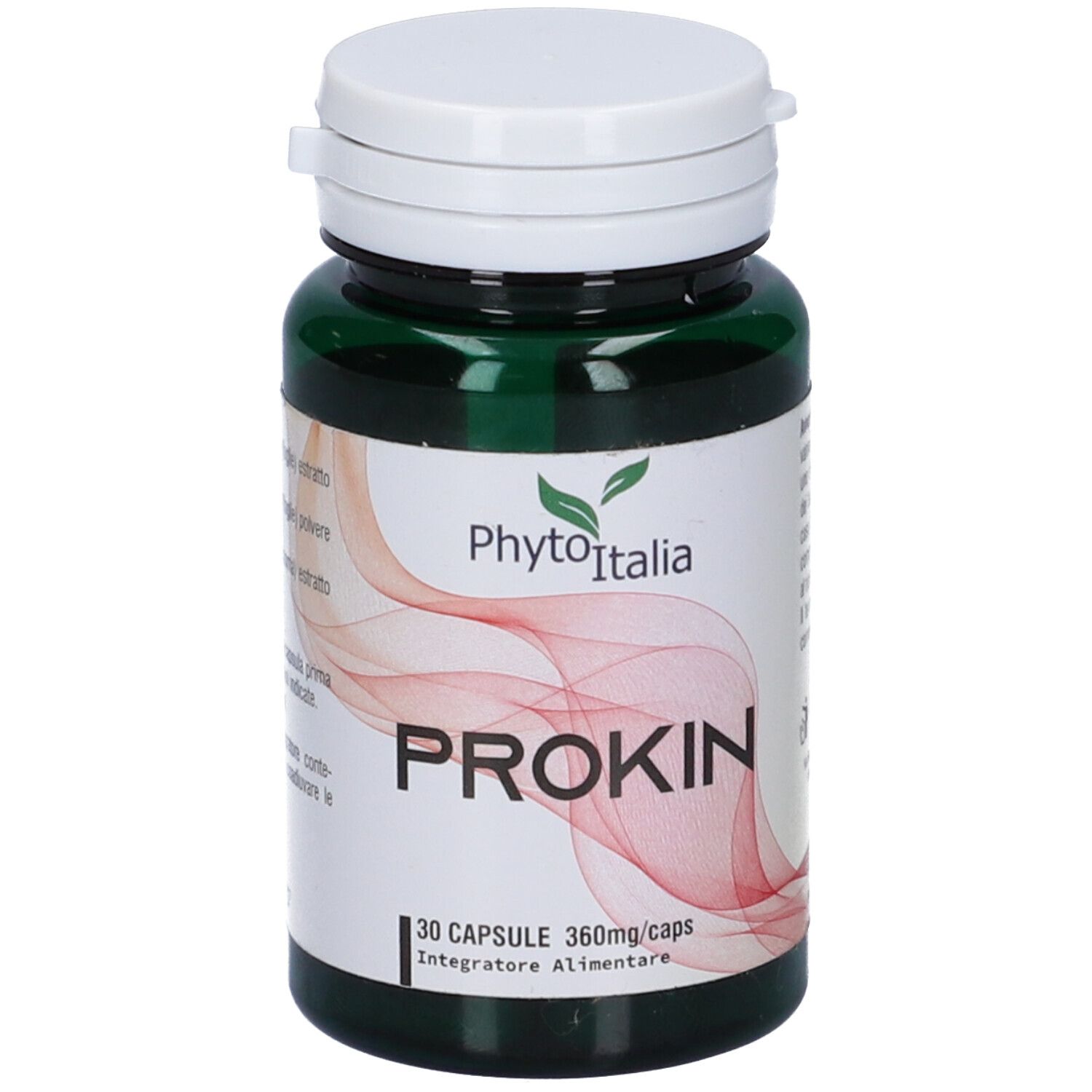 Flacone verde con tappo bianco. Etichetta "PhytoItalia" e "PROKIN". 30 capsule, 360mg/caps.