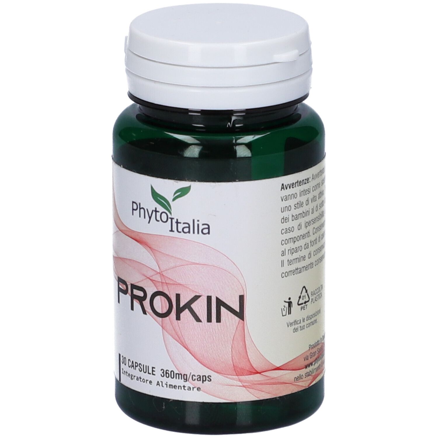 Flacone verde, tappo bianco. Etichetta "PhytoItalia" e "PROKIN". 30 capsule, 360mg/caps.