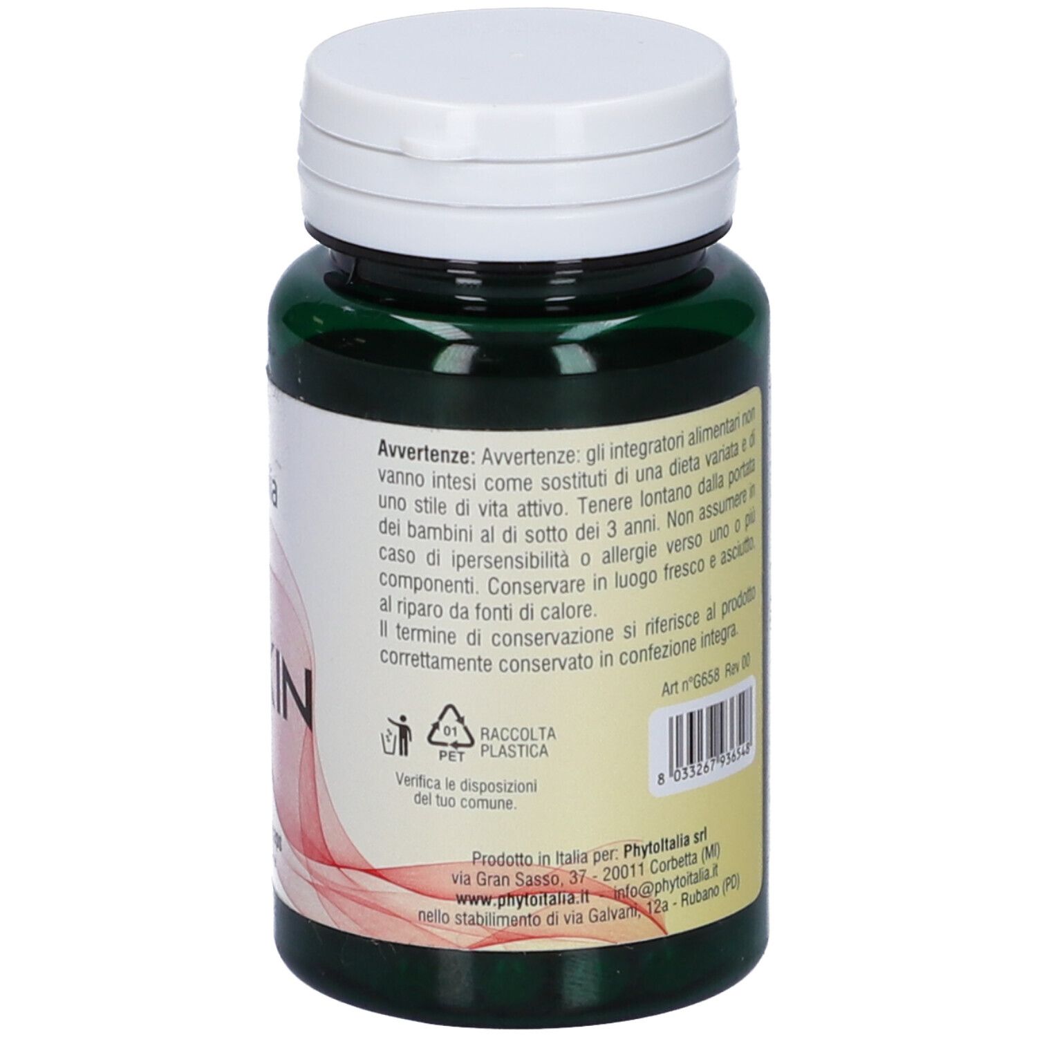 Flacone verde, tappo bianco. Retro con avvertenze e informazioni produttore. Simbolo di riciclo.