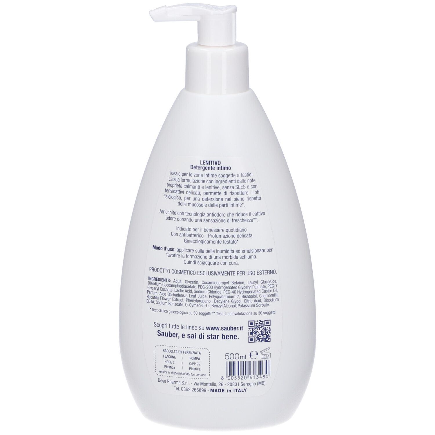 Flacone bianco con dosatore. Retro con testo e QR code. Scritta: LENITIVO. Testo: Detergente intimo. Indicazione volume: 500ml.