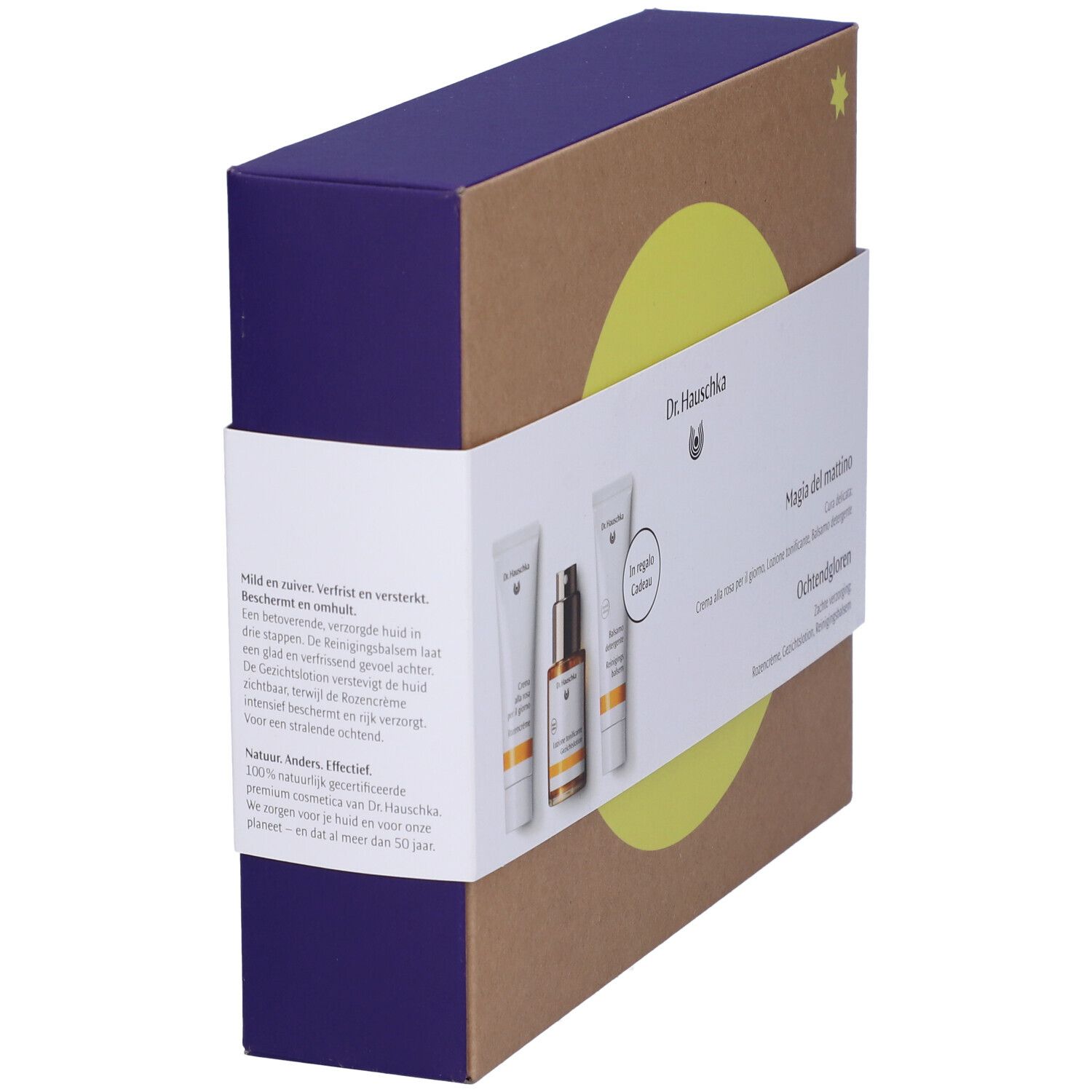 Confezione regalo con tre prodotti. Scritta: Dr. Hauschka, Magia del mattino, Ochtendgloren. Imballaggio con testo.