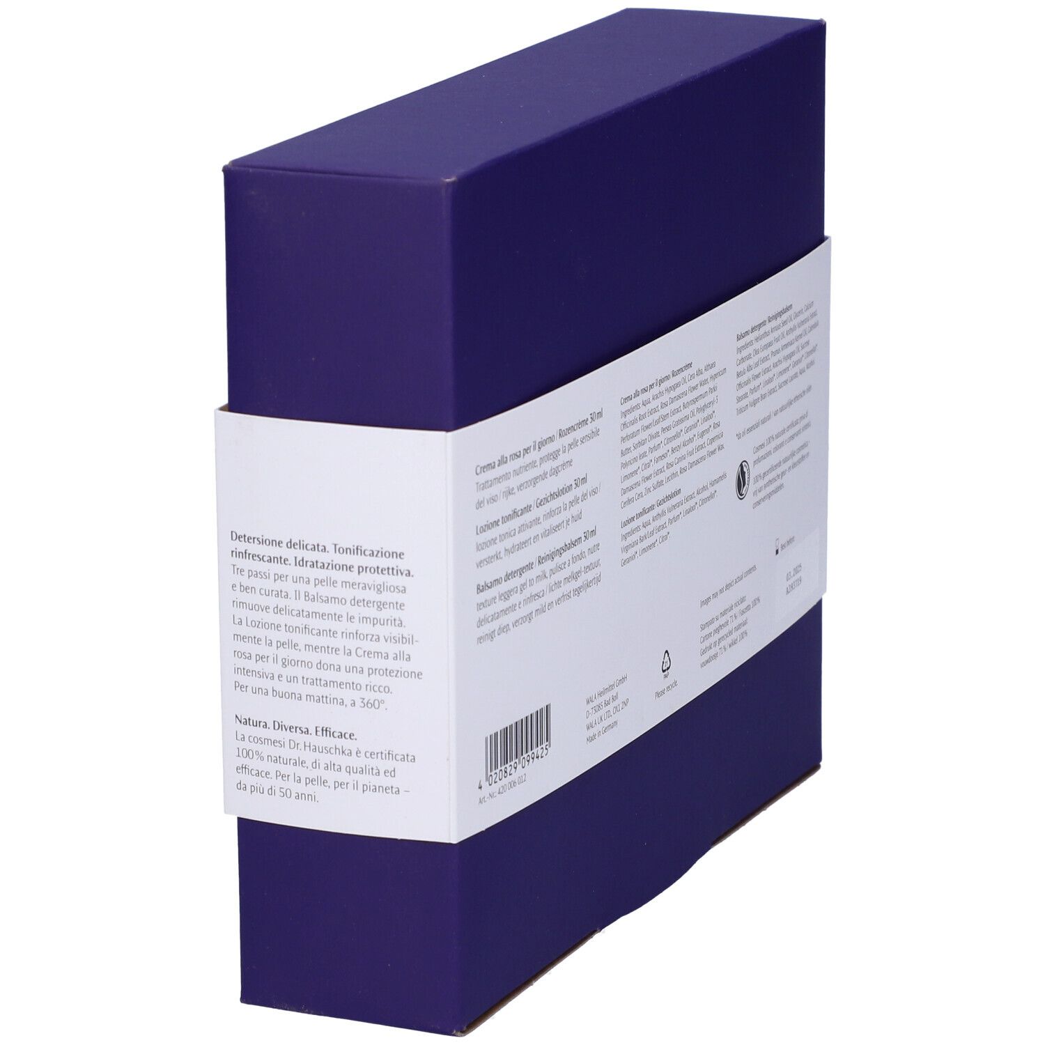 Imballaggio con testo. Scritta: Dr. Hauschka. Retro con informazioni sul prodotto e codice a barre.