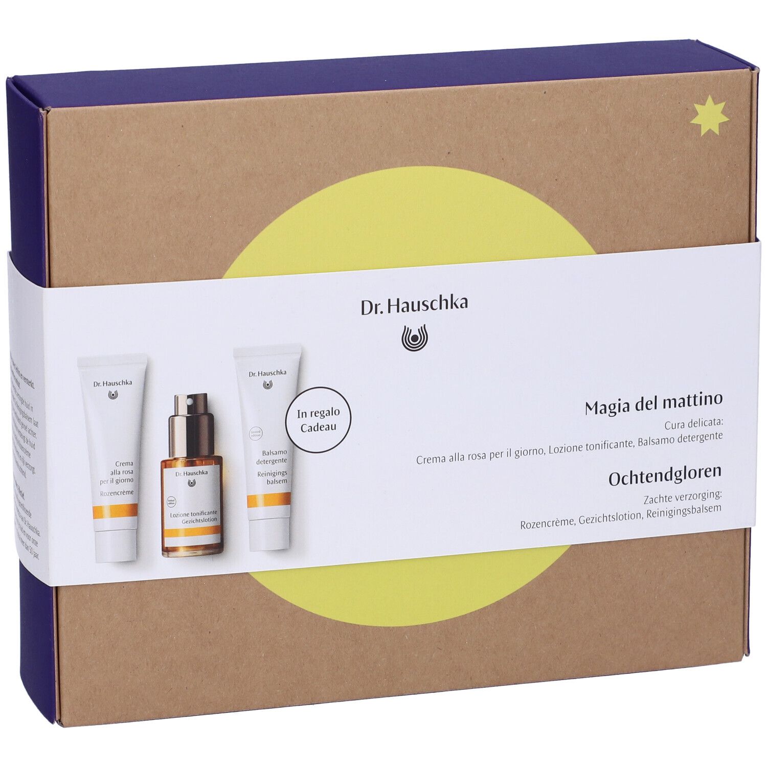 Confezione regalo con tre prodotti. Scritta: Dr. Hauschka, Magia del mattino, Ochtendgloren. Imballaggio.