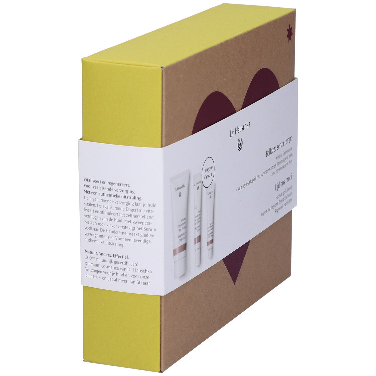 Confezione regalo in cartone. Coperchio giallo, lato marrone con cuore. Nomi dei prodotti sulla fascia.