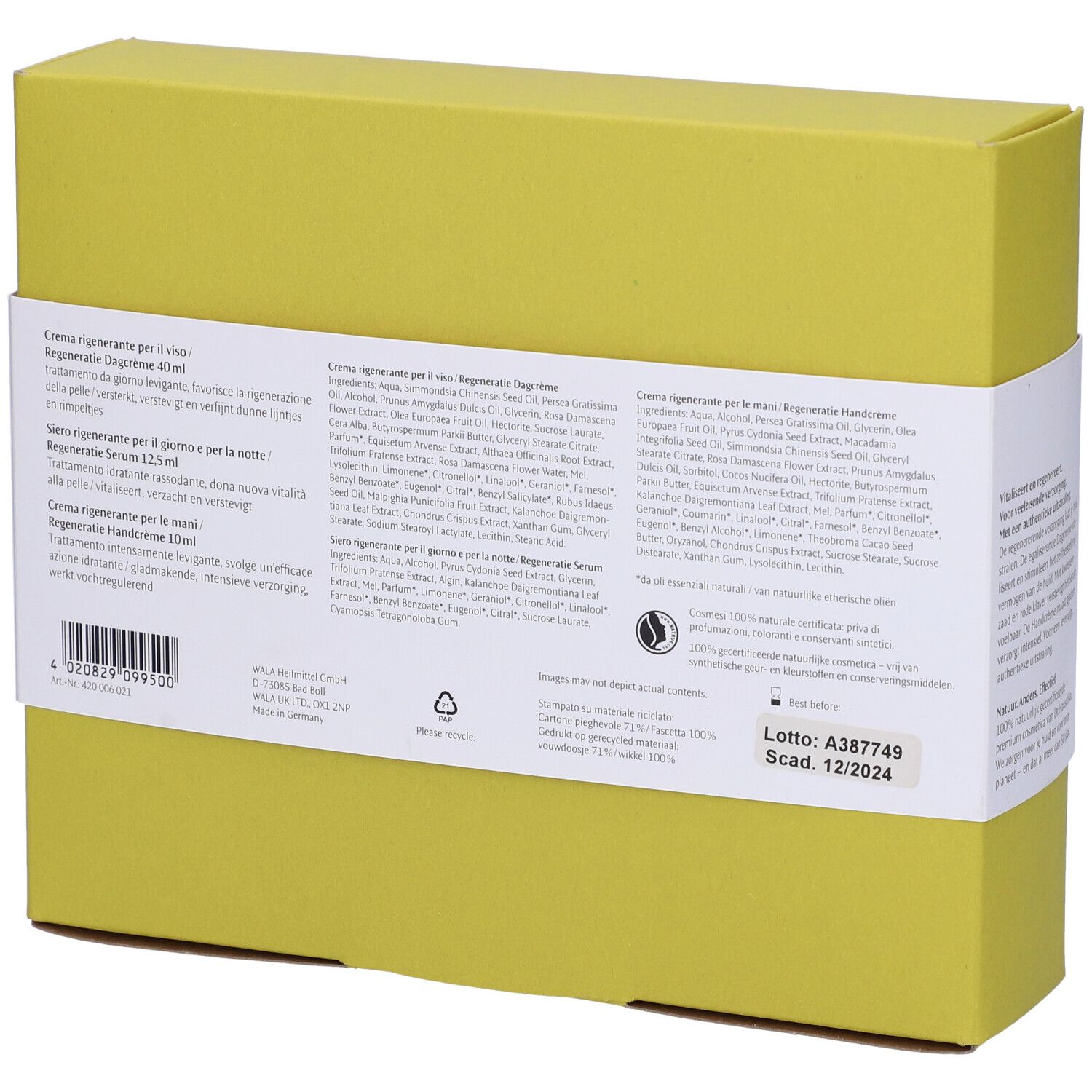 Retro del set regalo. Scatola gialla con informazioni sul prodotto e ingredienti. Testo multilingue.