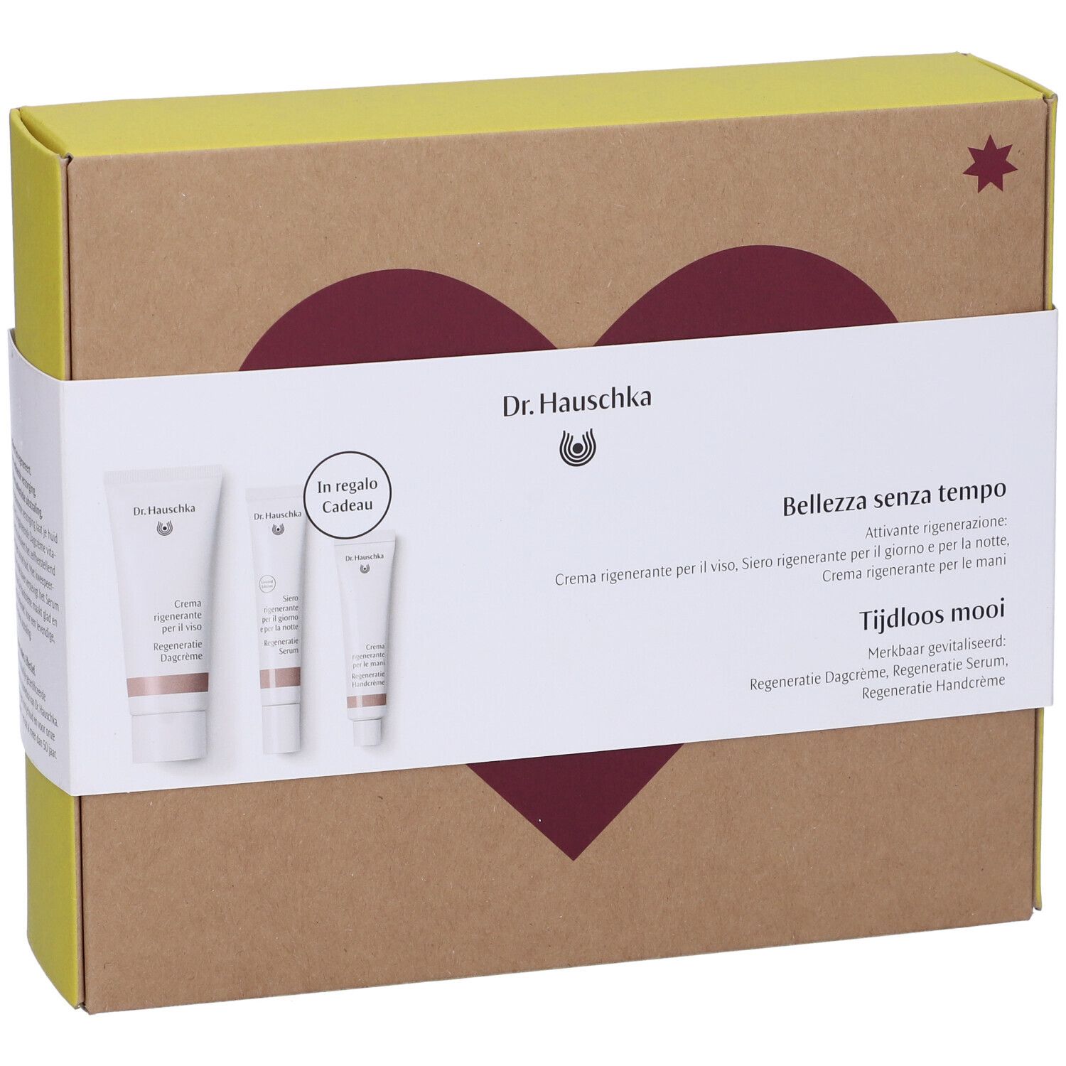 Set regalo Dr. Hauschka. Creme e siero. Confezione in cartone con cuore e scritta "Bellezza senza tempo".