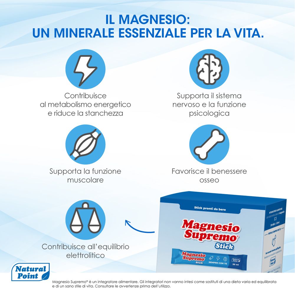Confezione Magnesio Supremo Stick con icone che illustrano benefici come energia e funzione muscolare.