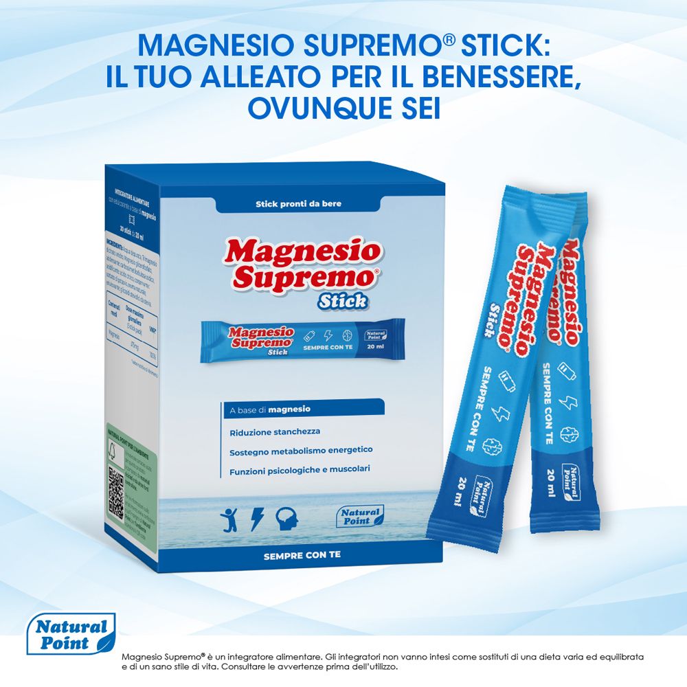 Magnesio Supremo Stick: confezione del prodotto e due stick individuali.