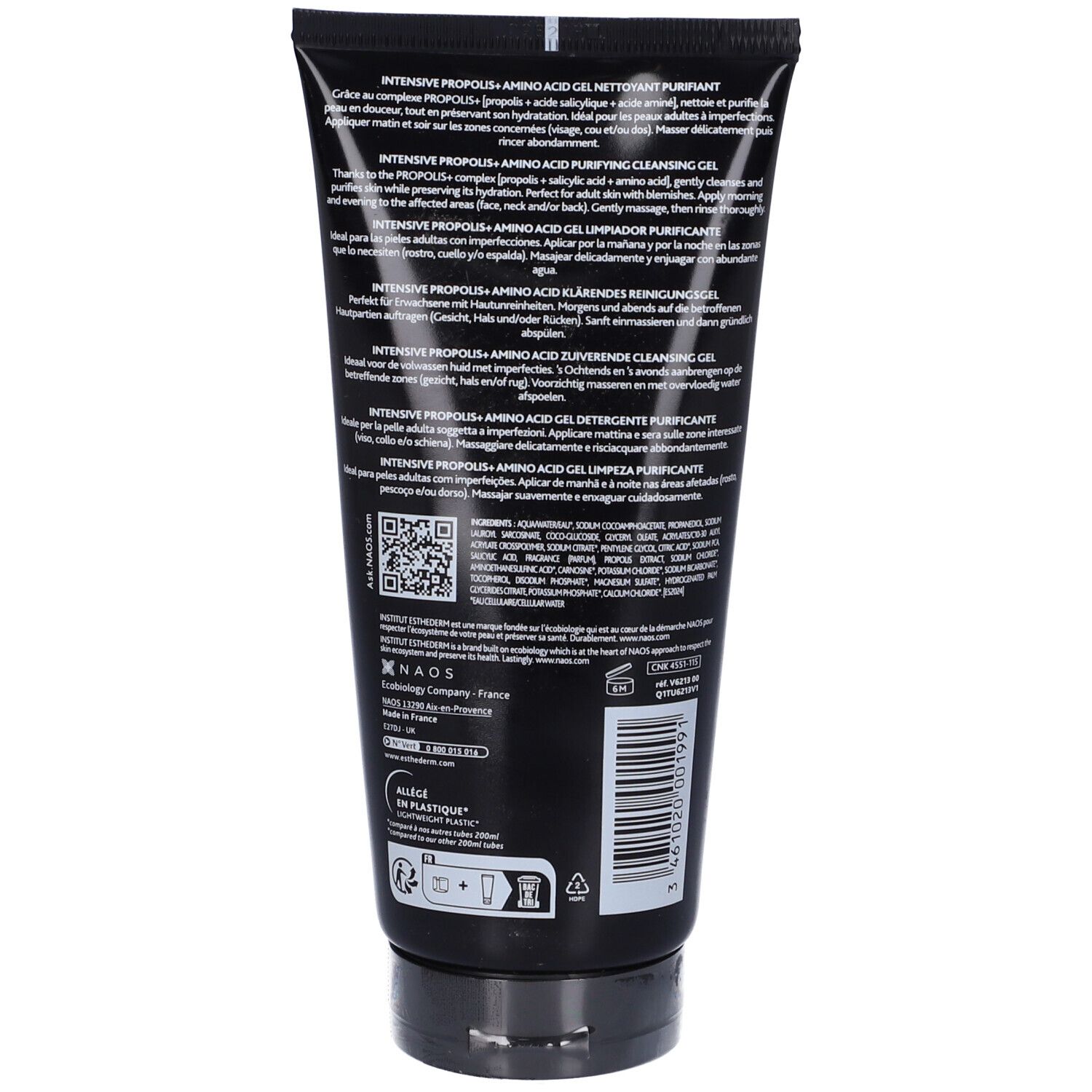Retro di un tubo nero. Testo multilingue. Codice QR e loghi. Tappo nero.
