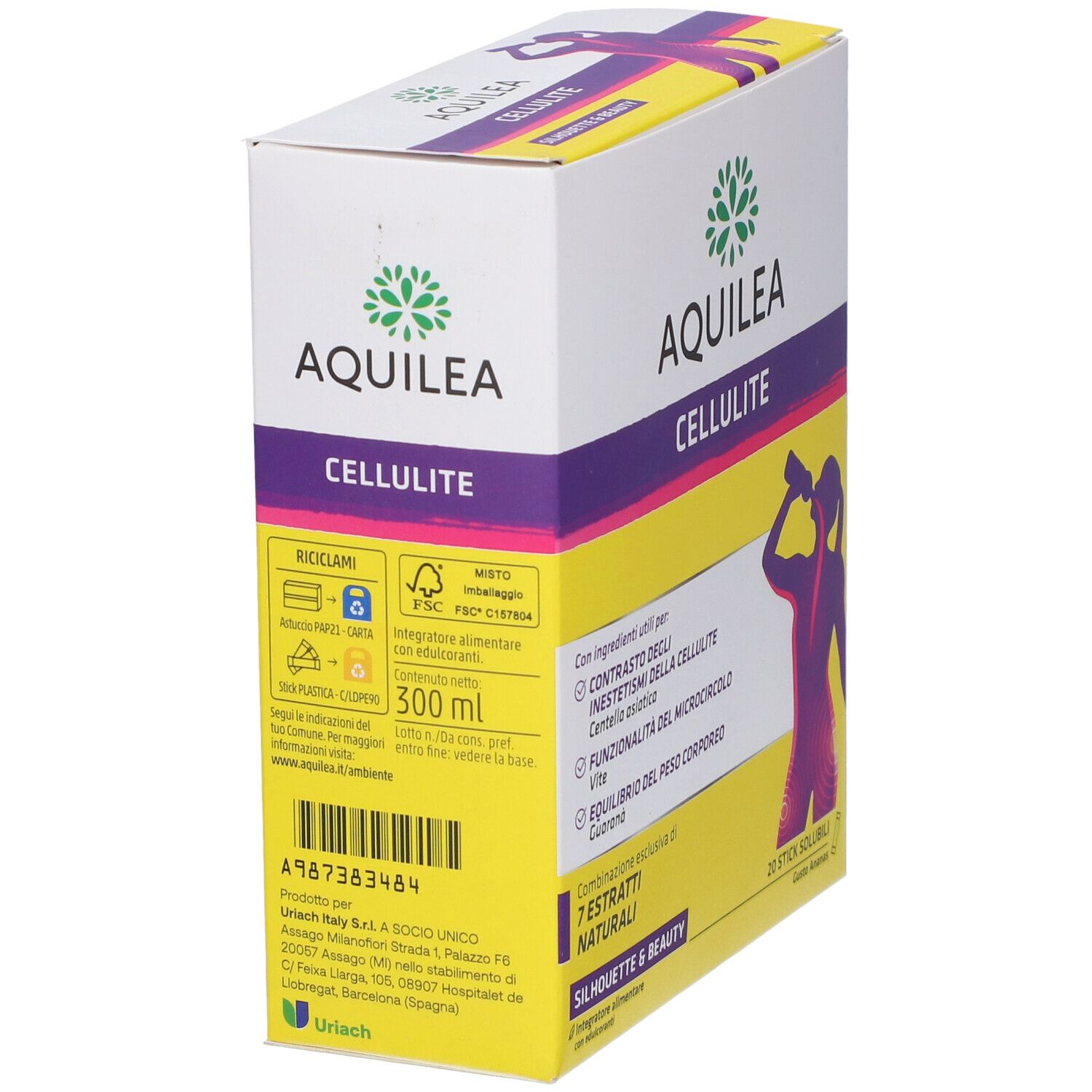 Vista laterale della confezione Aquilea Cellulite. Giallo-bianca con informazioni e certificazione FSC.