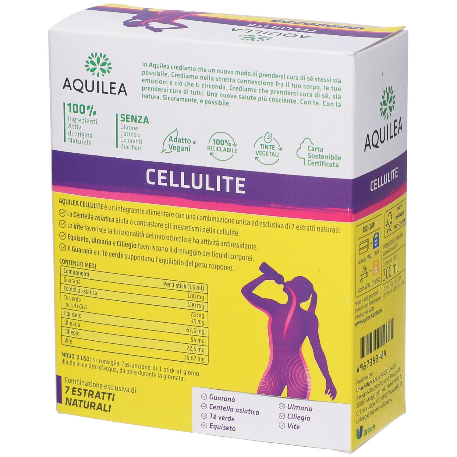 Retro della confezione Aquilea Cellulite. Contiene ingredienti, informazioni nutrizionali e dettagli.