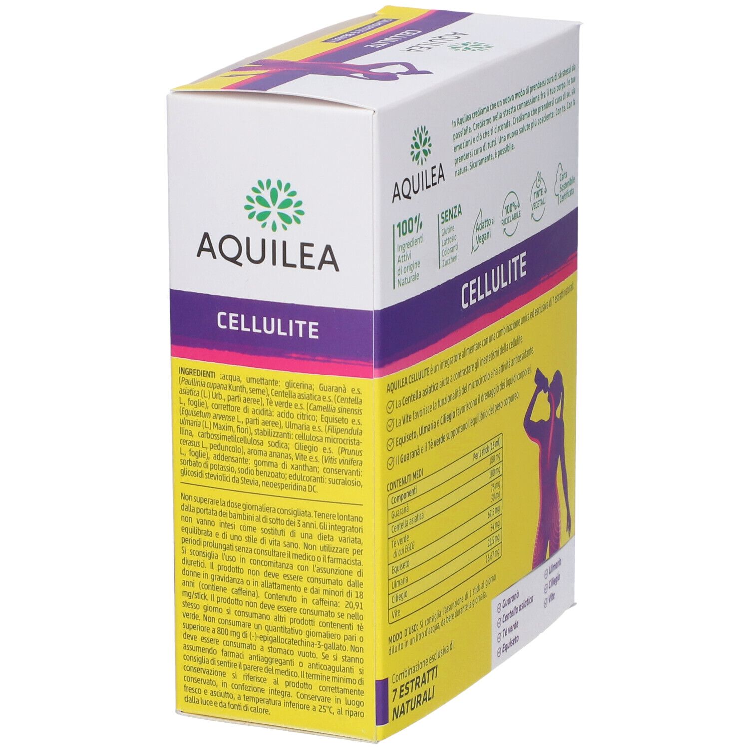 Vista laterale della confezione Aquilea Cellulite. Contiene ingredienti, informazioni nutrizionali e dettagli.