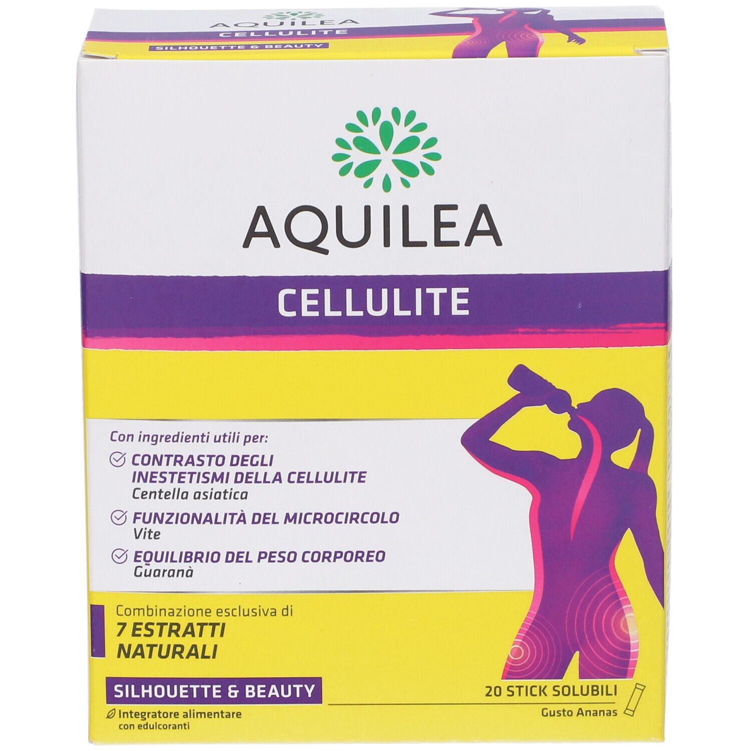 Confezione Aquilea Cellulite, vista frontale. Giallo-bianca con nome prodotto e illustrazione femminile.