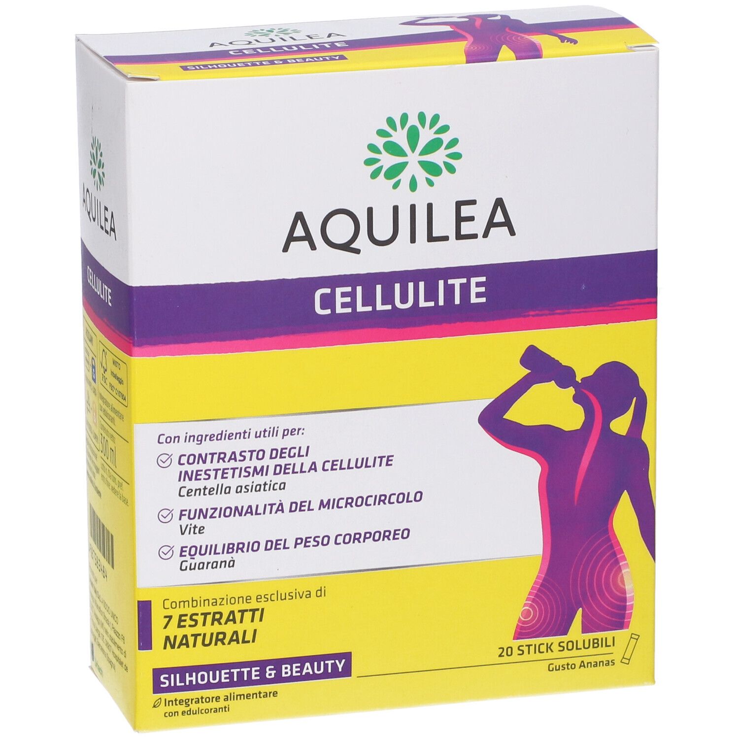 Confezione Aquilea Cellulite, vista frontale. Giallo-bianca con nome prodotto e illustrazione femminile.