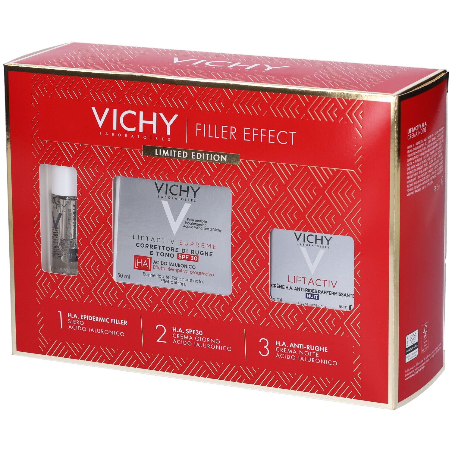Confezione regalo rossa Vichy con tre prodotti. Scritta: Vichy, Filler Effect, Edizione Limitata. Contiene siero, crema, crema occhi.